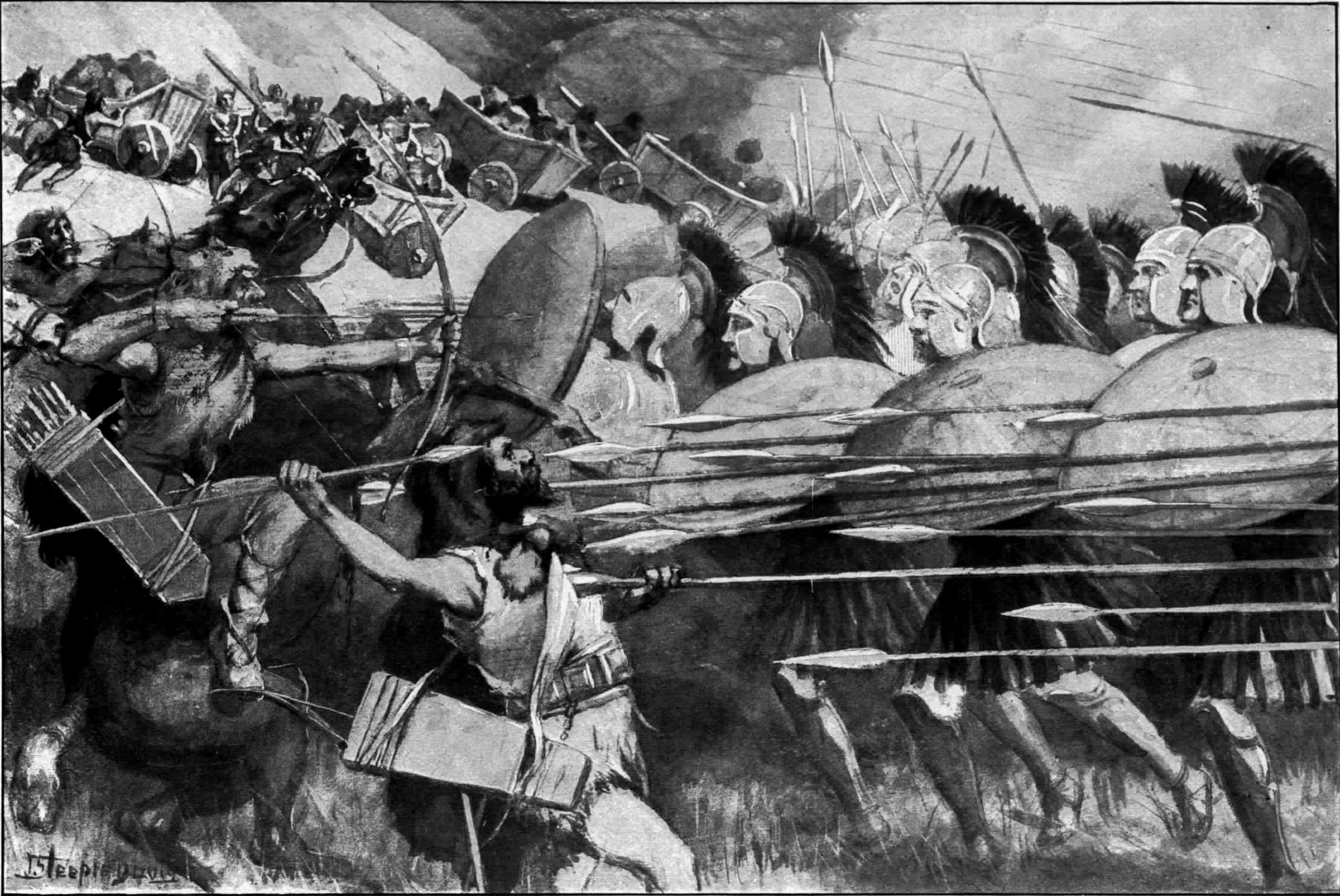The Macedonian phalanx counter-attacks during the battle of the carts