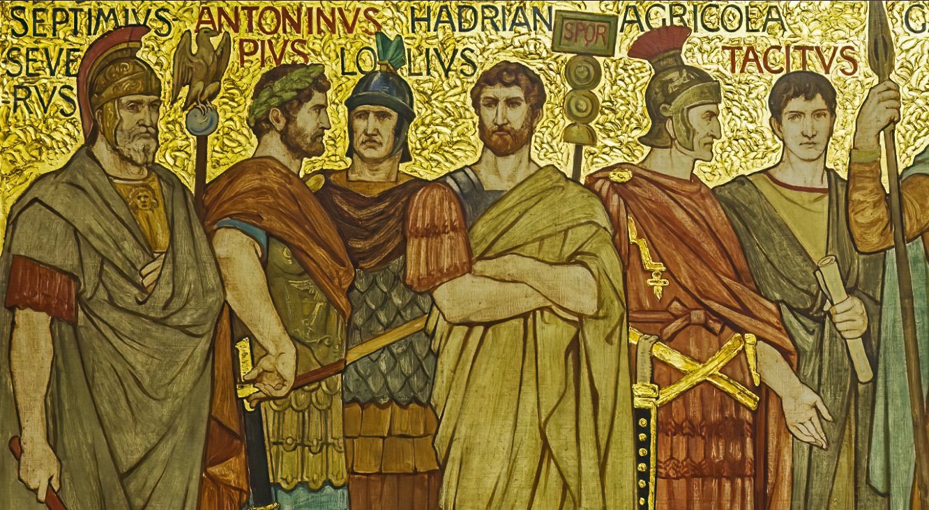 Roman generals and emperors closeup in the frieze of the Great Hall of the National Galleries Scotland by William Brassey Hole