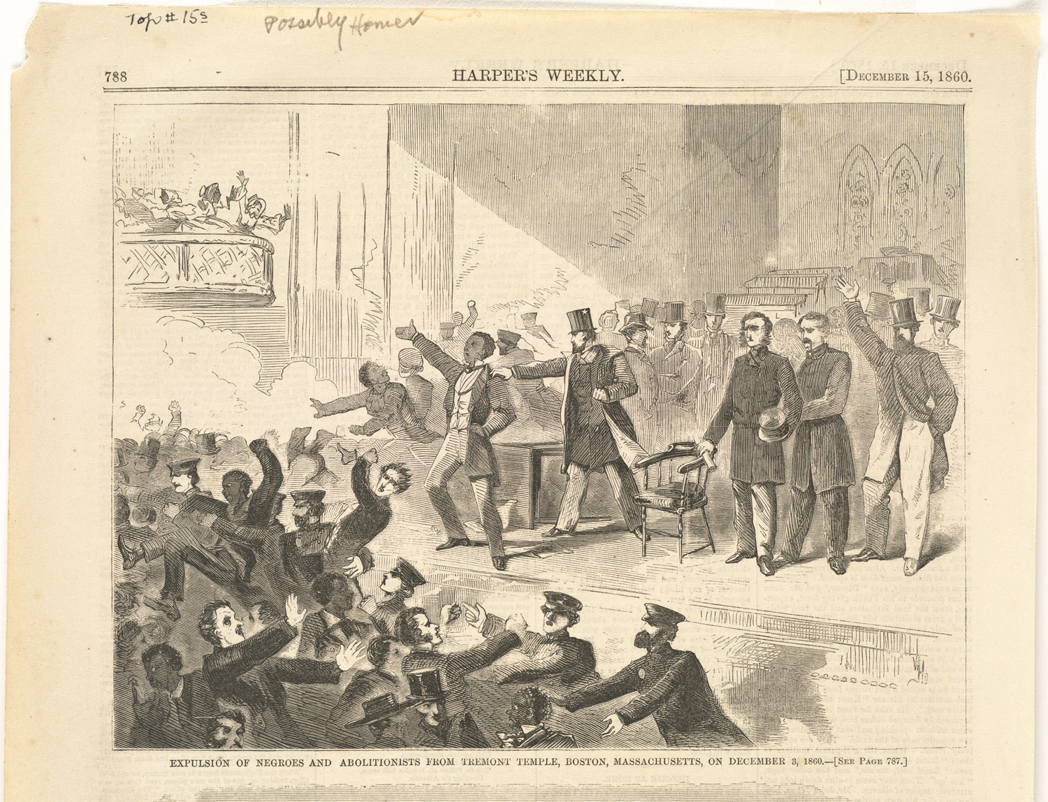 Expulsion of negroes and abolitionists from Tremont Temple, Boston, Massachusetts