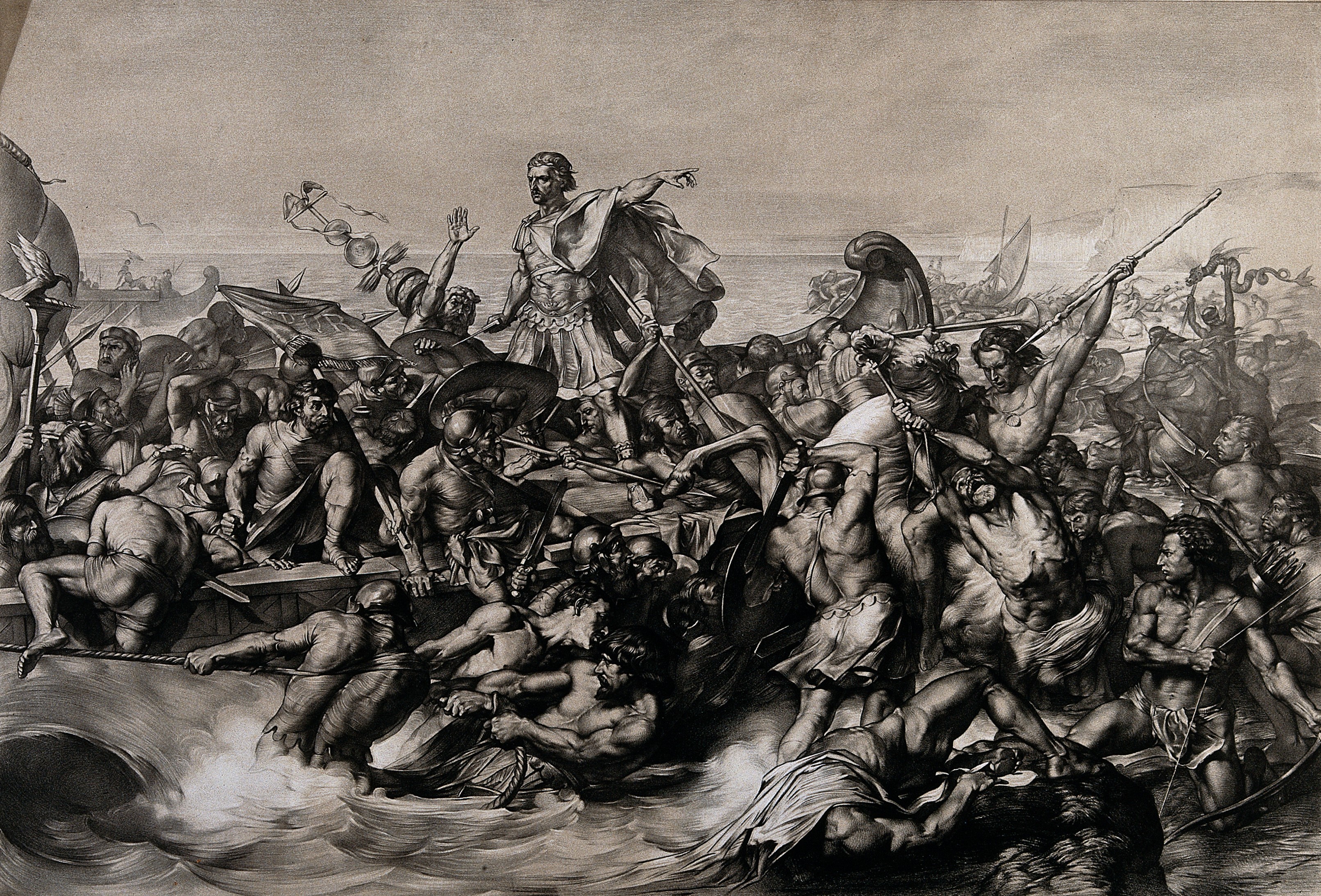 Caesar's boat is pulled to the shore while his soldiers fight the resisting indigenous warriors