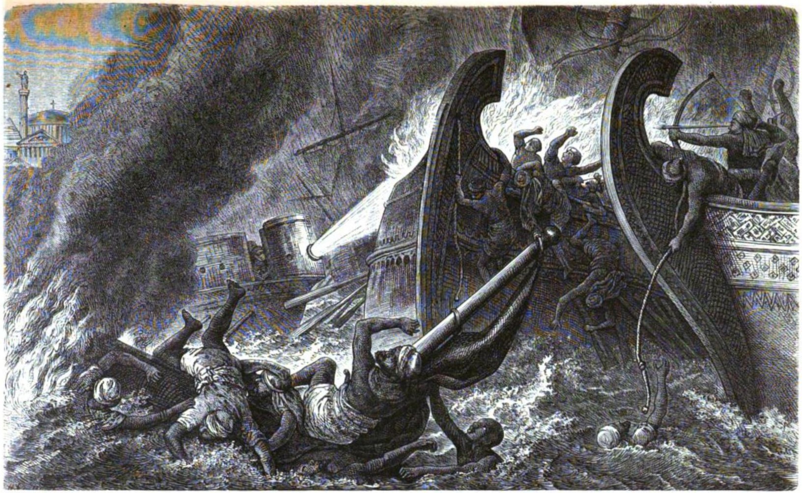 Greeks beating Arabs on sea near Constantinople with the Greek fire