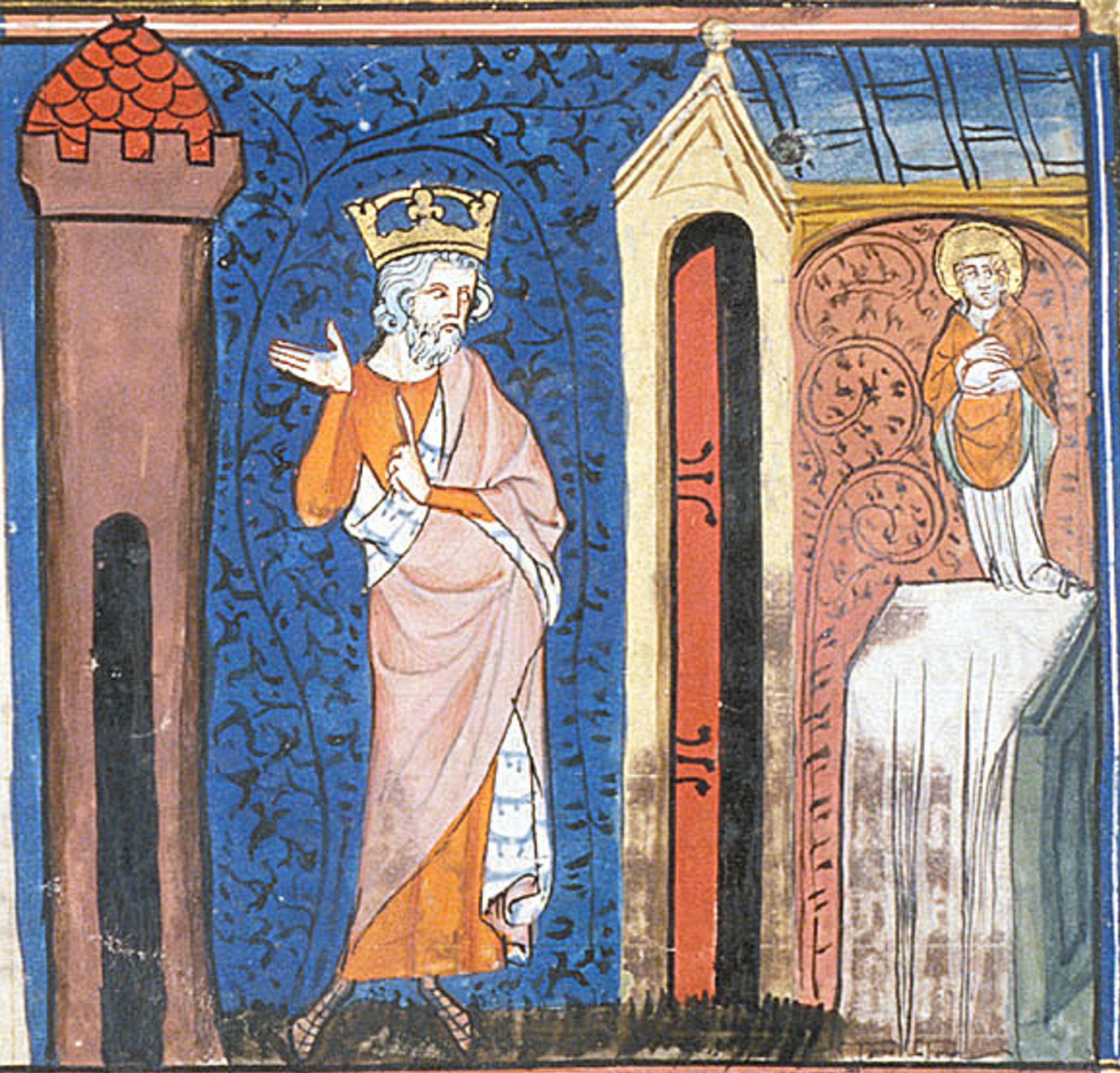 Charlemagne honouring St Denis, from Chroniques de France ou de St Denis, 14th century