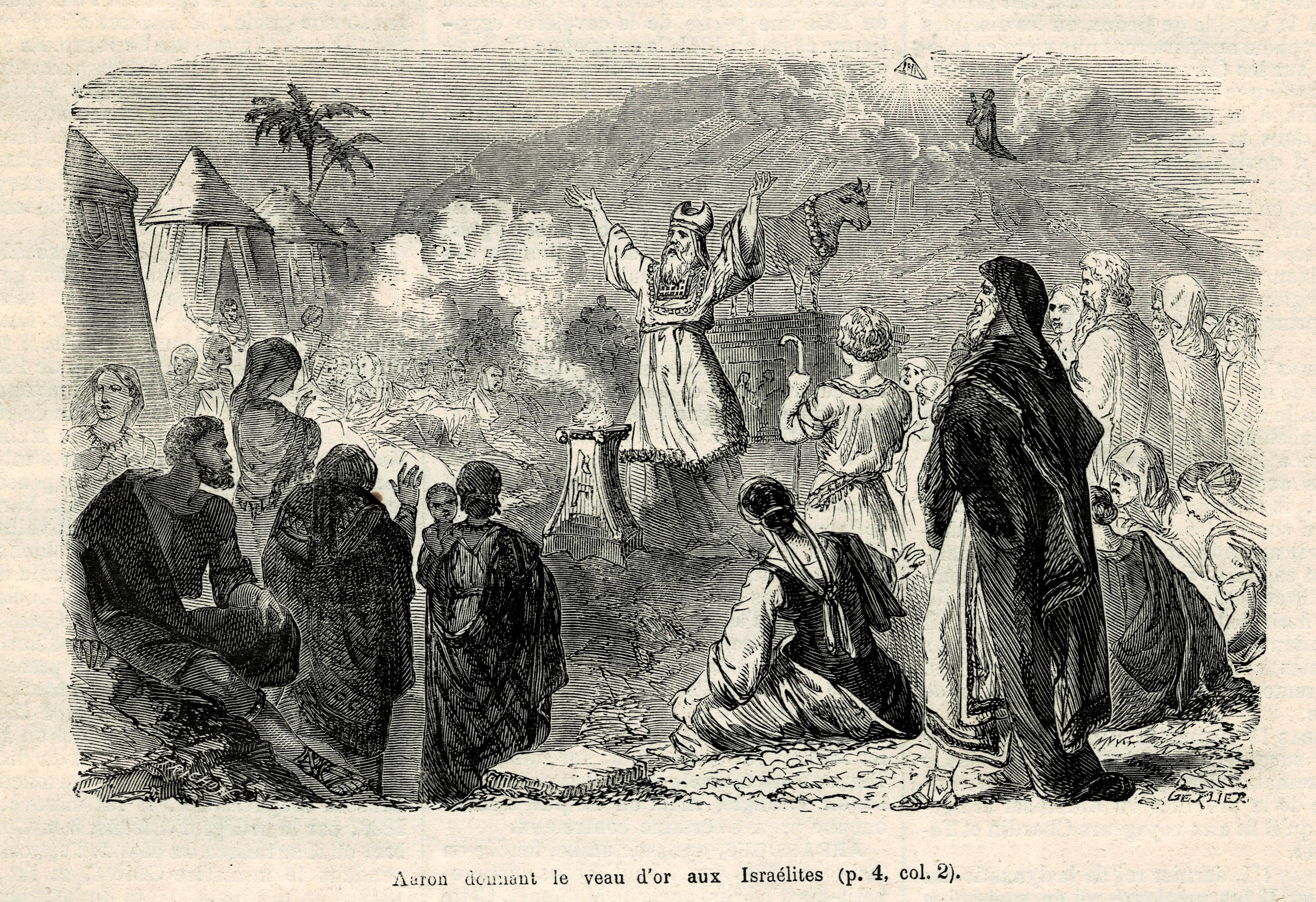 Aaron giving the golden calf to the Israelites