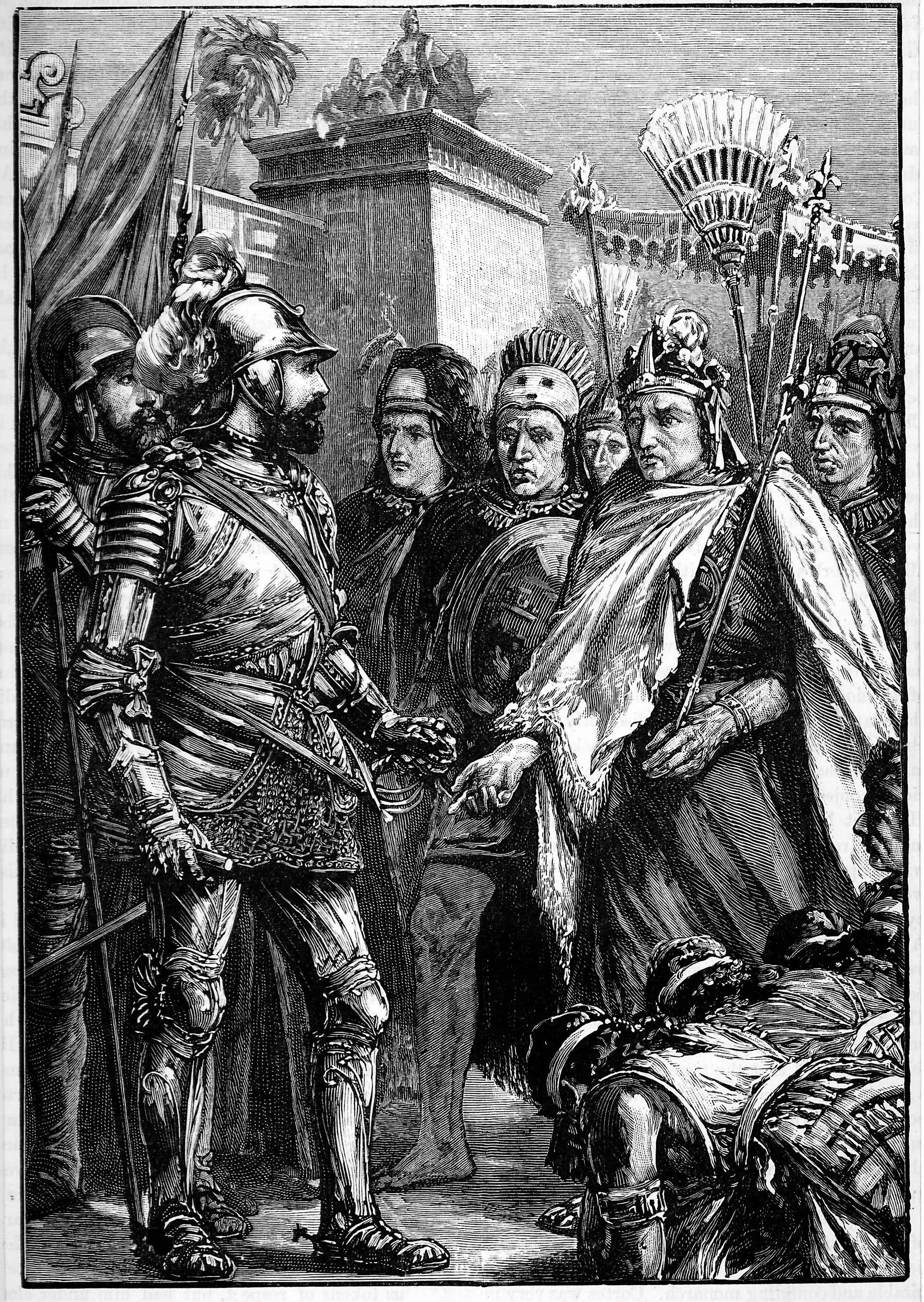 Hernando Cortez meeting with Aztec ruler Montezuma