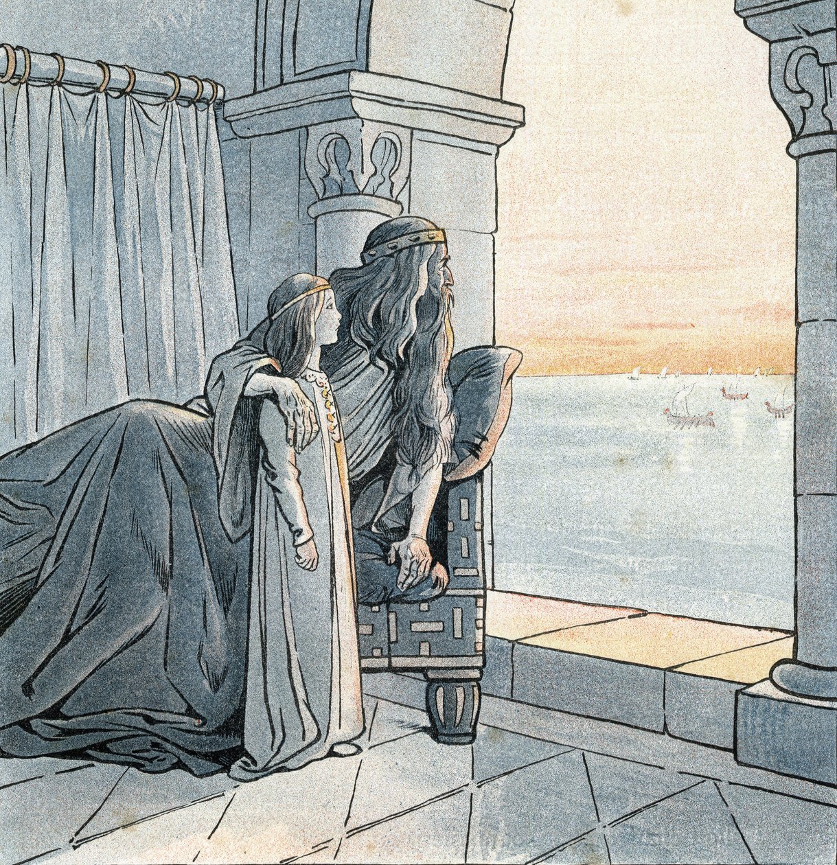 King Charlemagne observes the arrival of Viking drakkars on the Seine in the 9th century