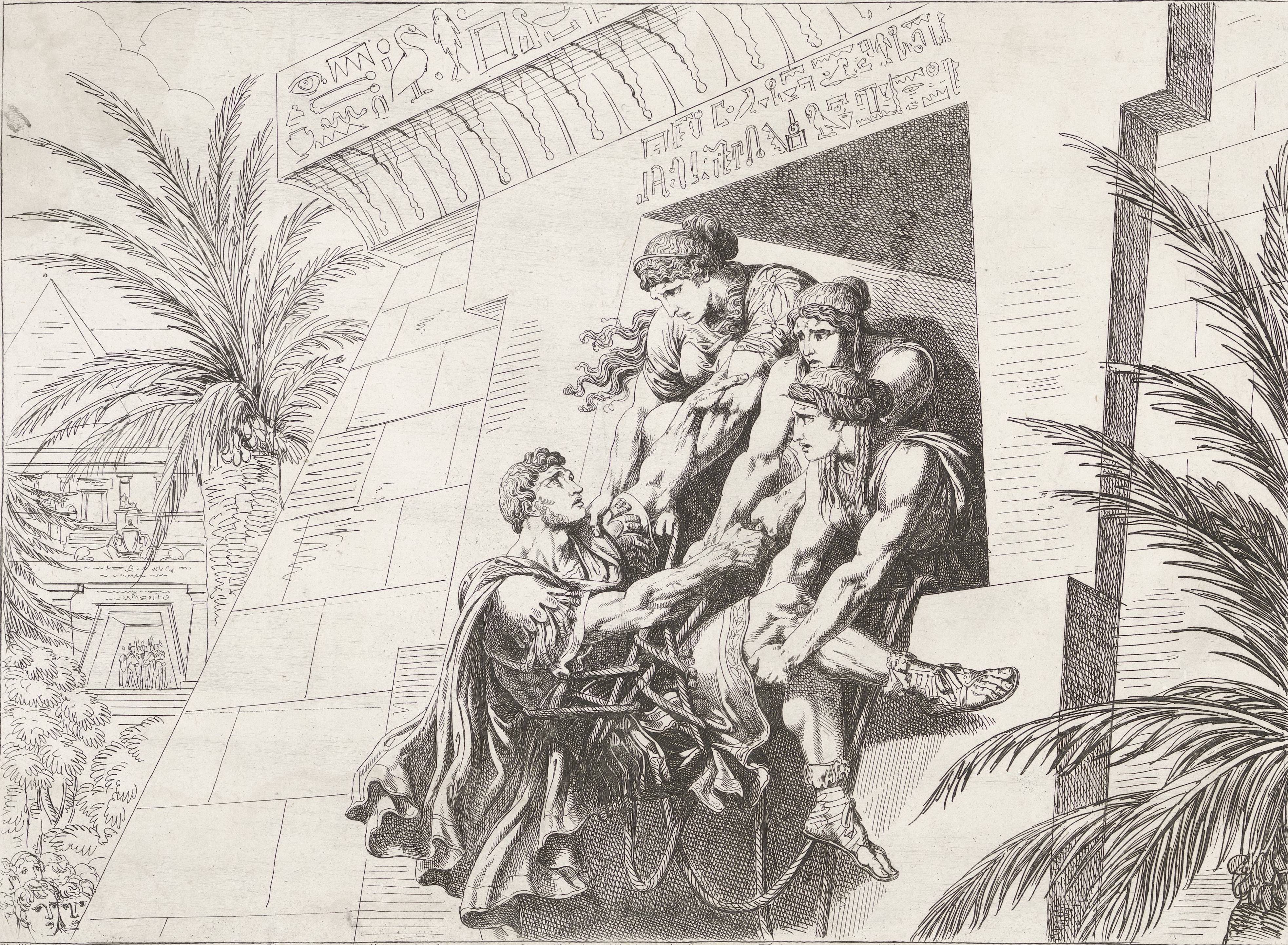 Cleopatra and companions let Marcus Antonius down from the window