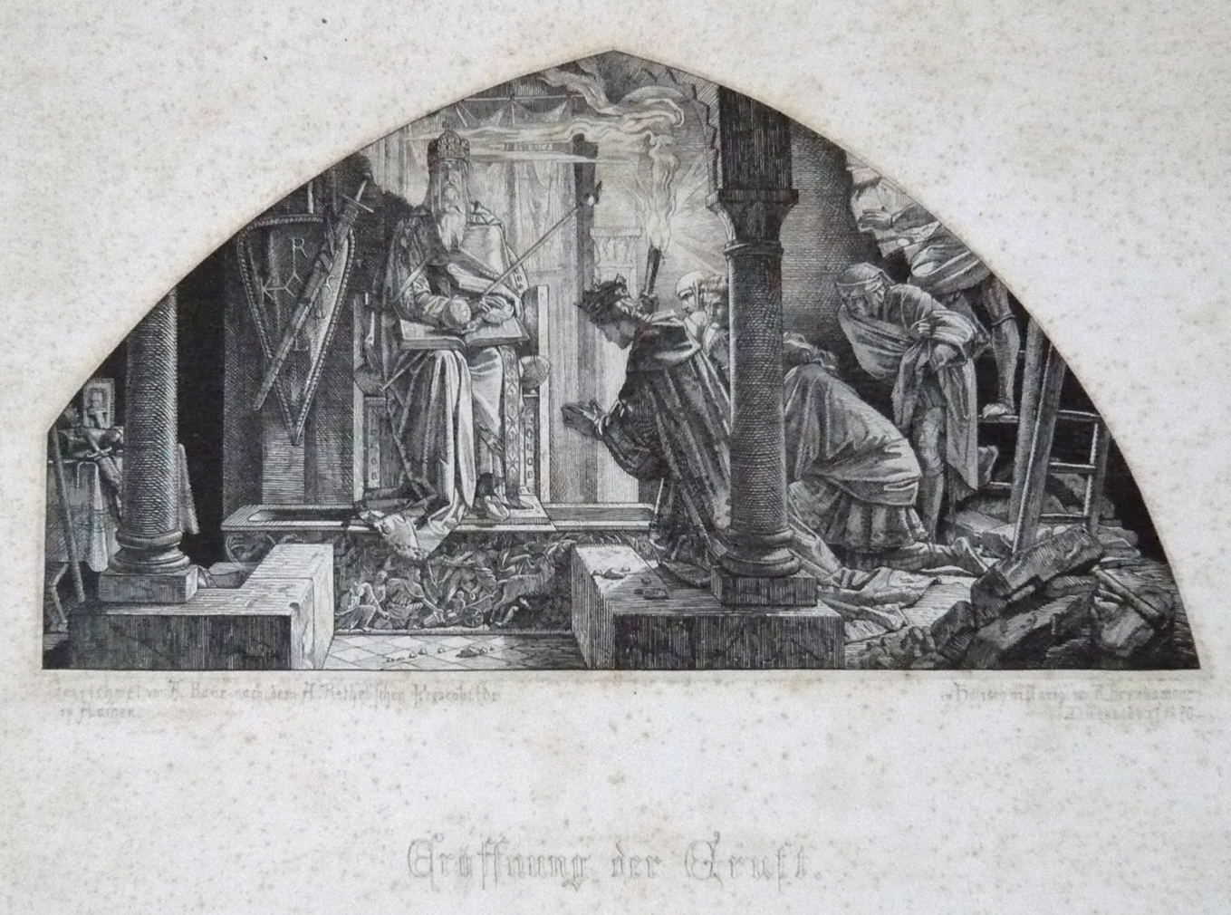 A. Baur, after the fresco in Aachen, opening of the crypt of Charlemagne, in woodcut by R. Brendamour, Düsseldorf