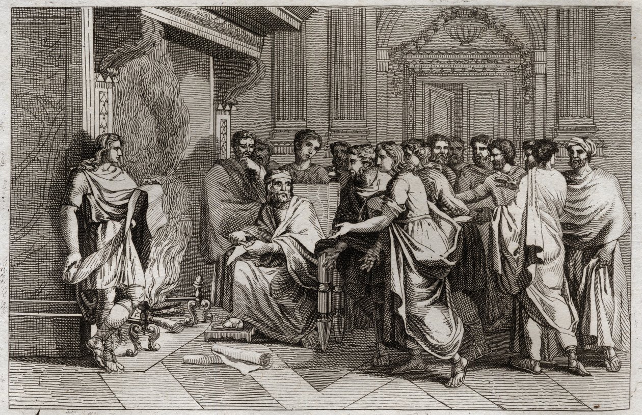 Joachim cuts the scroll containing Jeremiah's prophecies transcribed by his disciple Baruch and throws it into a fire