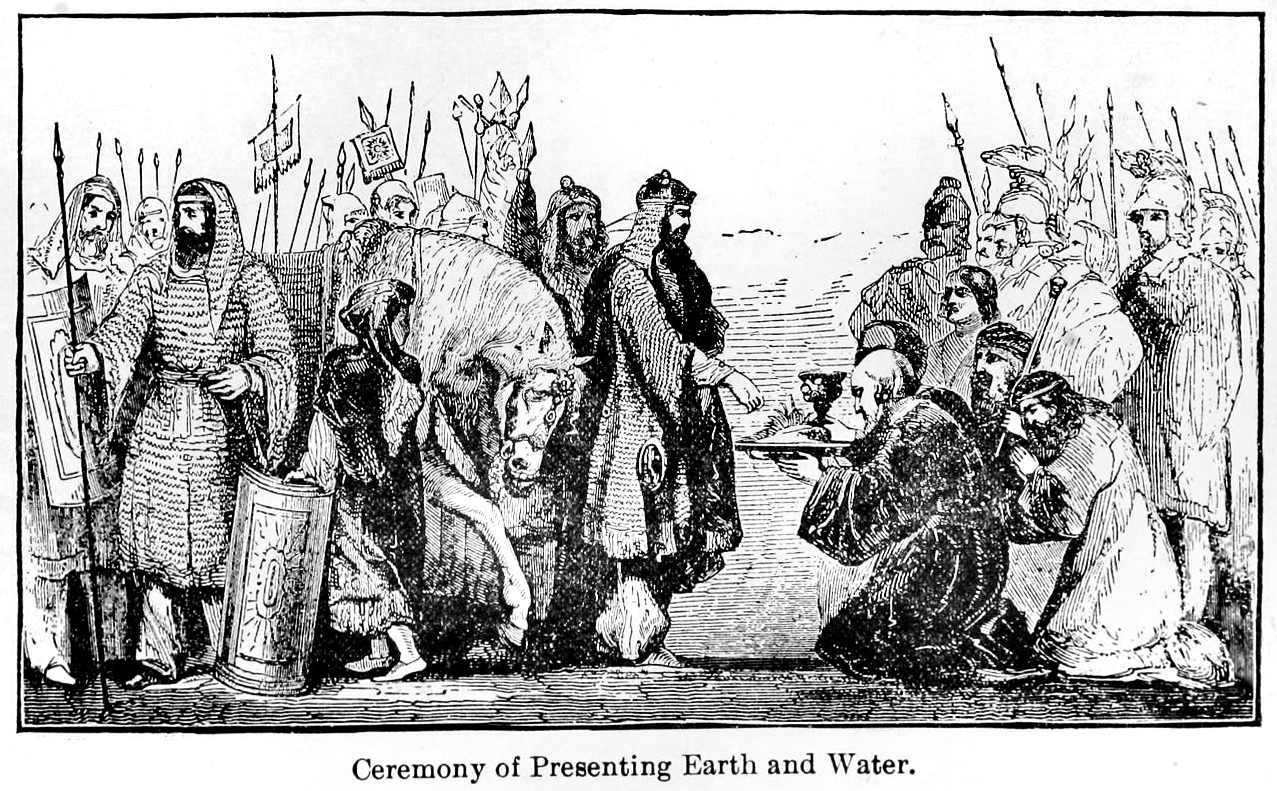 Xerxes I ruler of the Achaemenid Empire, receives tributes as his bodyguards look on
