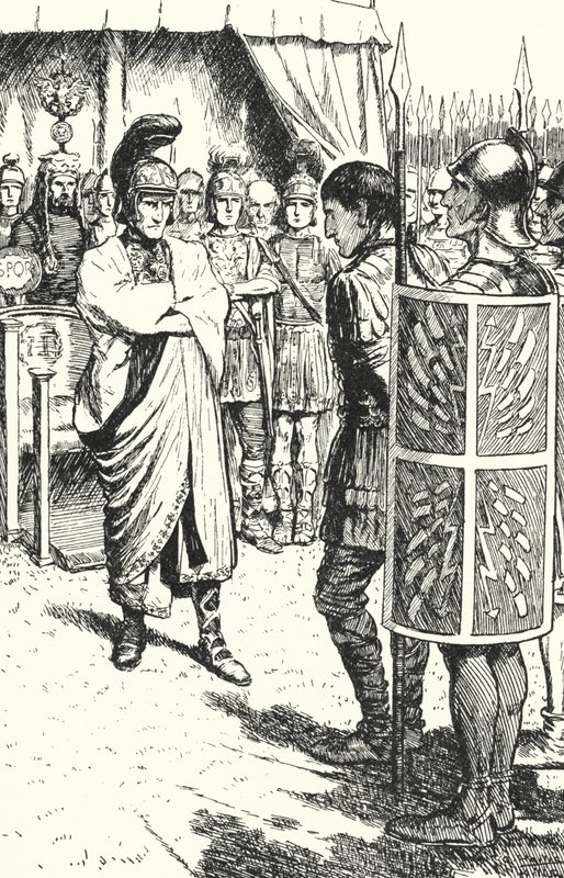 Theodosius condemning Magnus Maximus to death for part in murder of Gratian