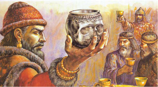 Bulgar Khan Krum the Fearsome saluting with his drinking cup made of the skull of the slain Byzantine empero
