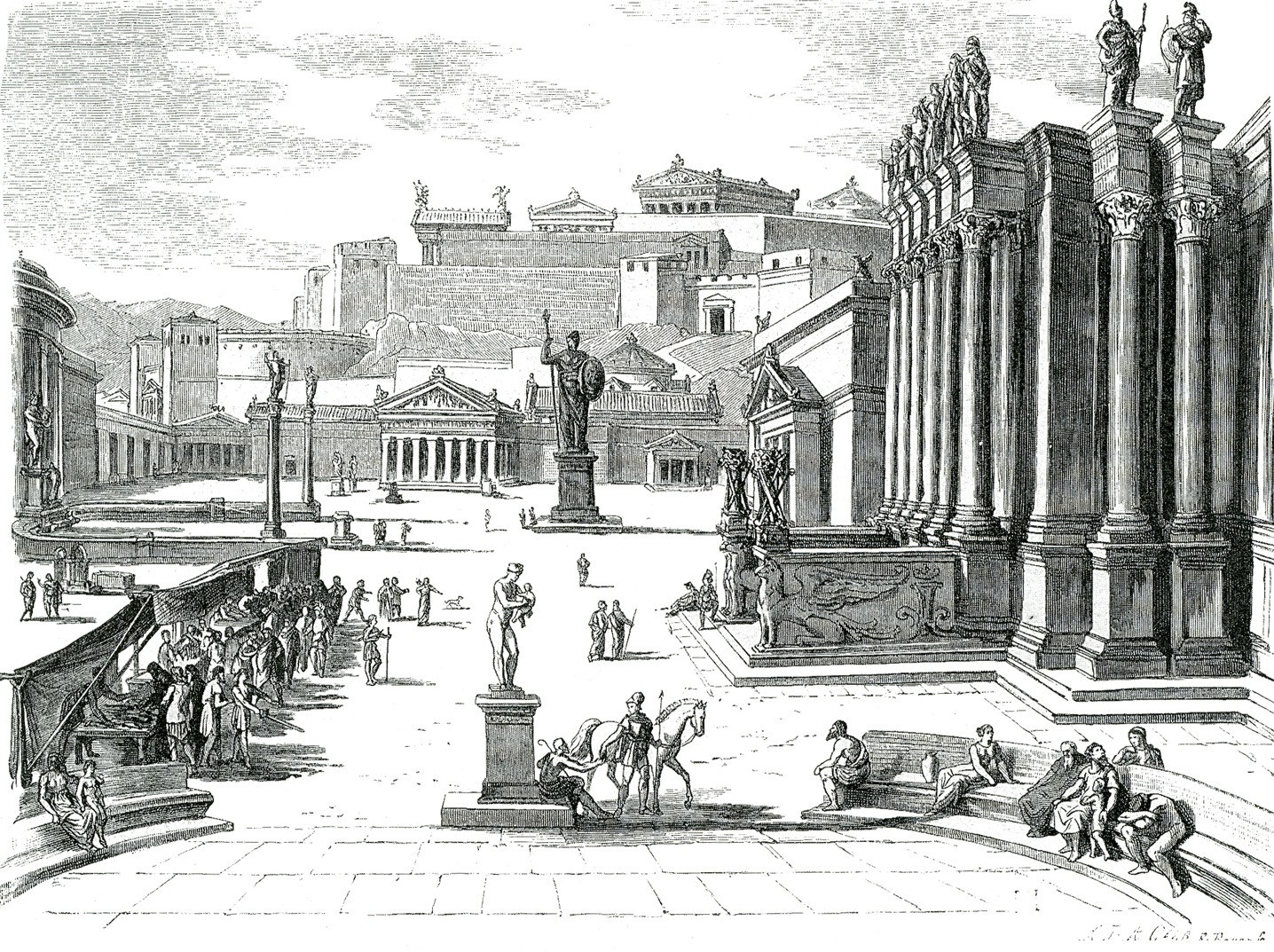 The market in Sparta. The acropolis behind, the statue of Agoraios in front