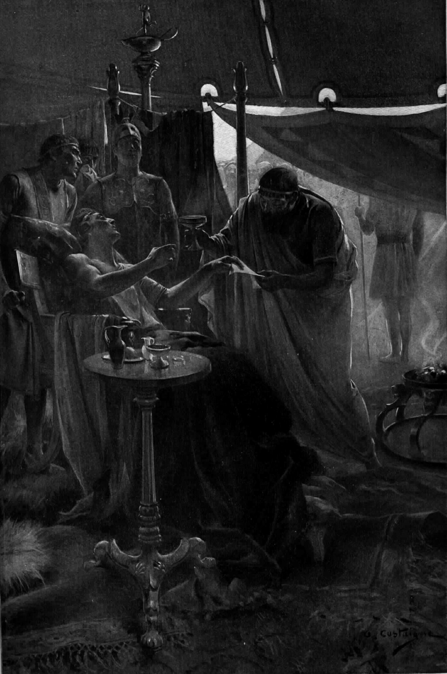 Alexander hands his doctor the note warning that his doctor is poisoning him whilst proceeding to take the medicine