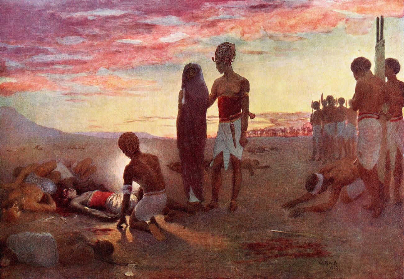 Queen Ahhotep I recovering the body of her husband, Seqenenre Tao, after his death during battle with the Hyksos