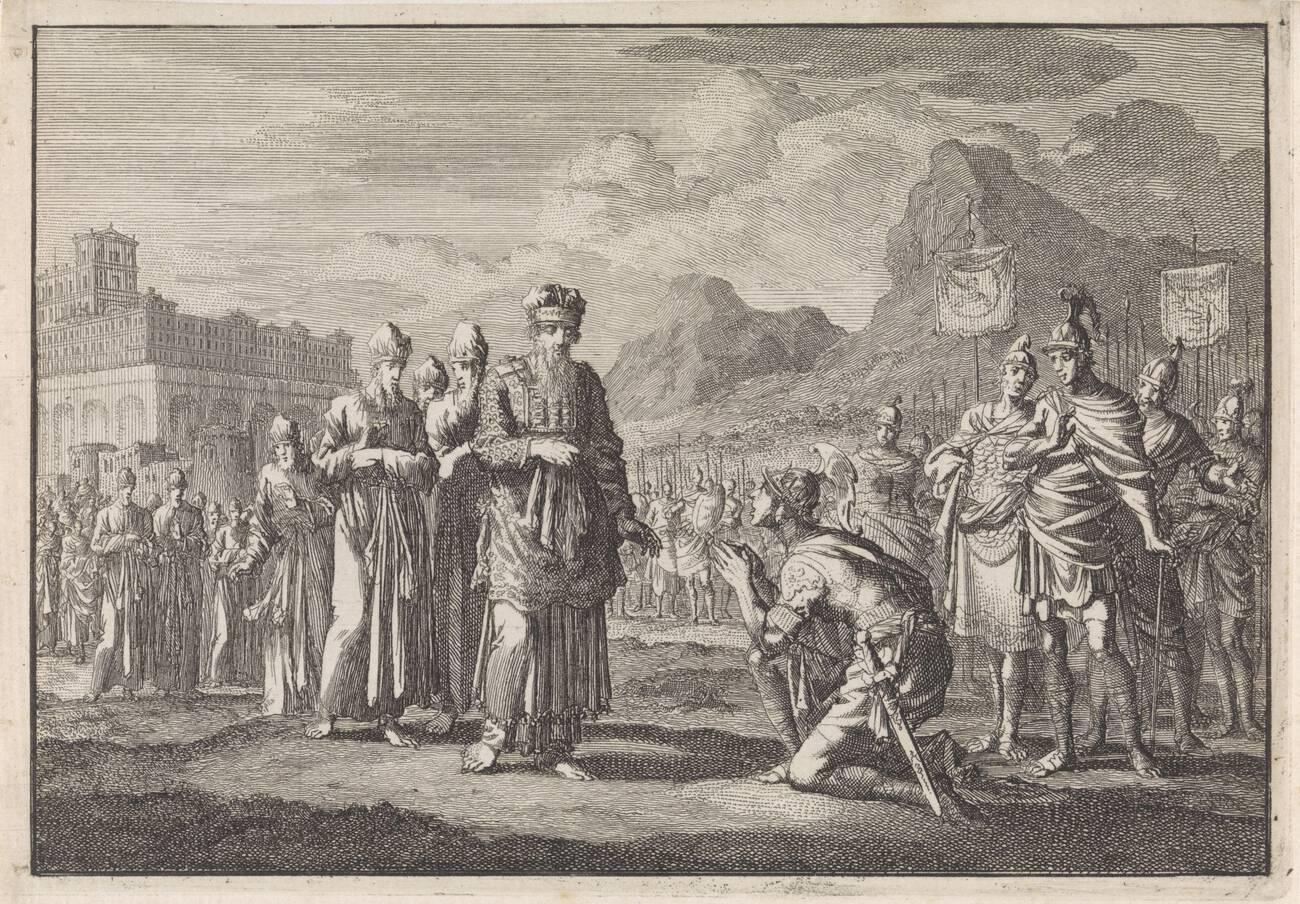 Alexander the Great is shown kneeling before Jaddua, the High Priest of Jerusalem