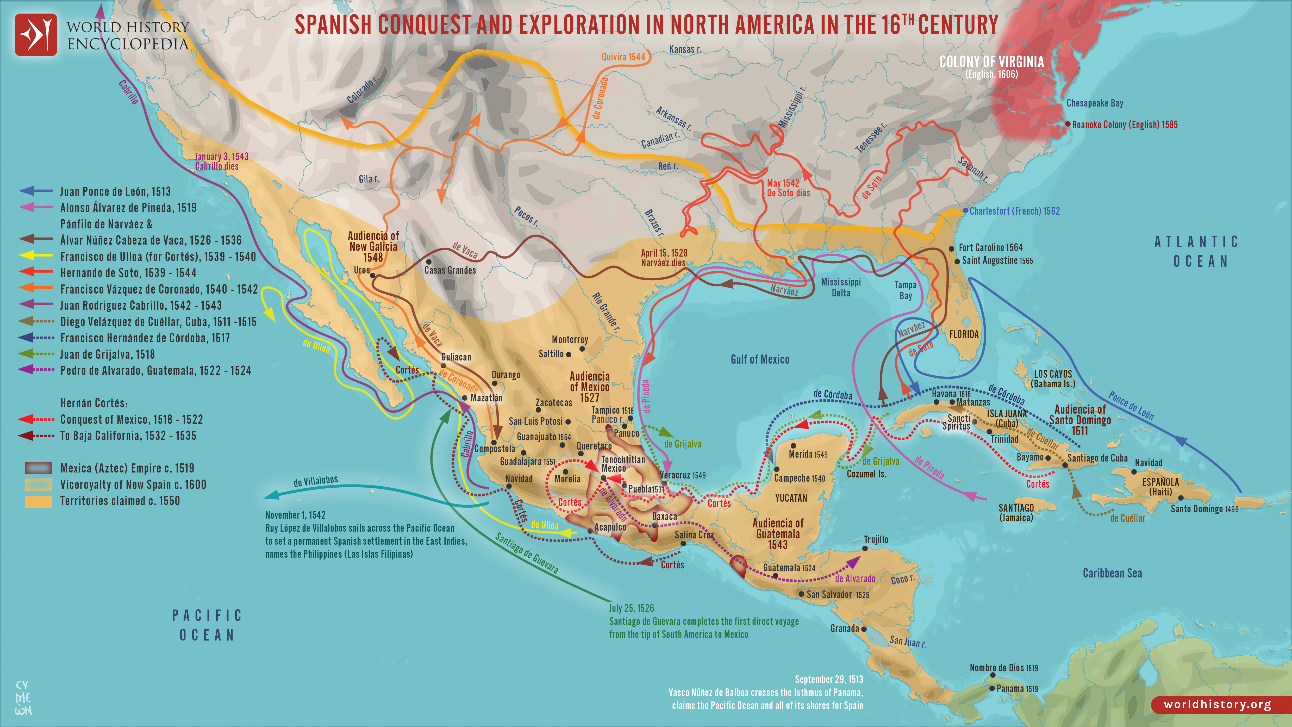 Map of Spanish Conquest Exploration in North America