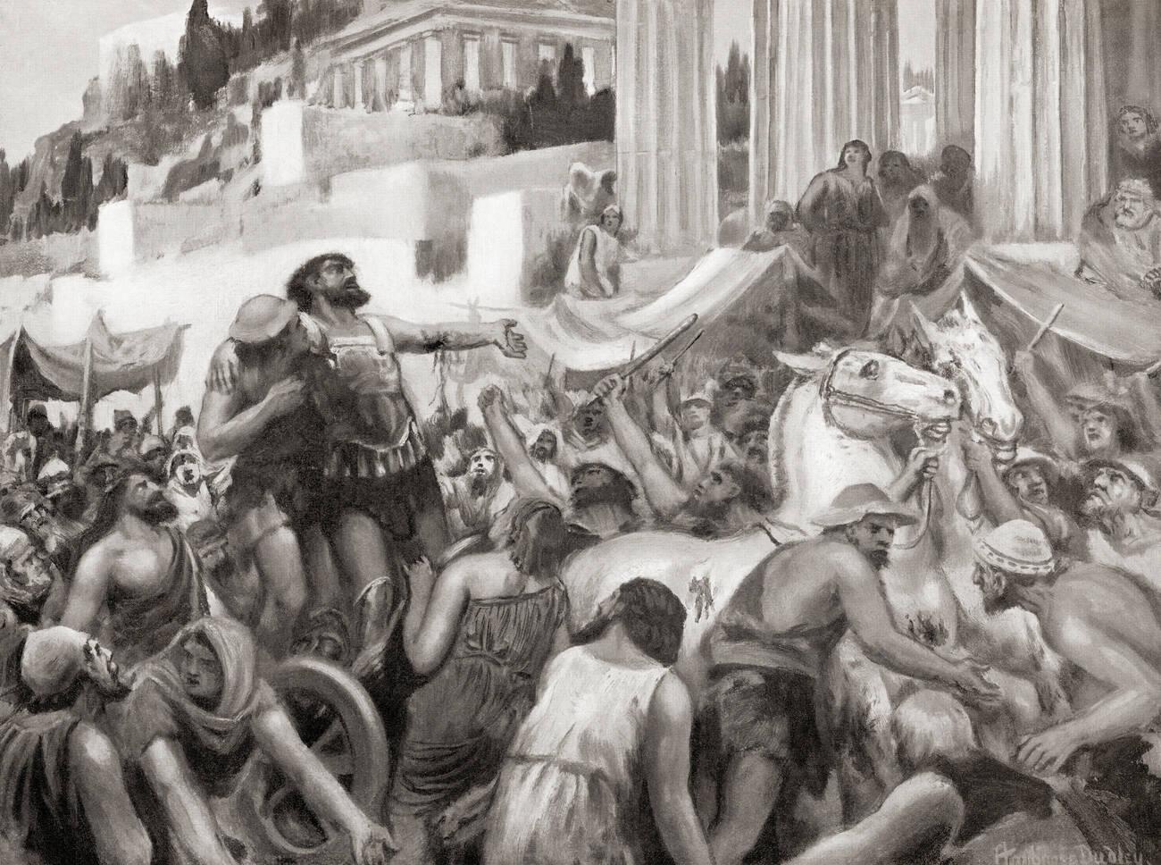 Peisistratus wishing to gain power in Athens secretly wounded himself, and, appearing in public covered in blood, accused his enemies of attacking him