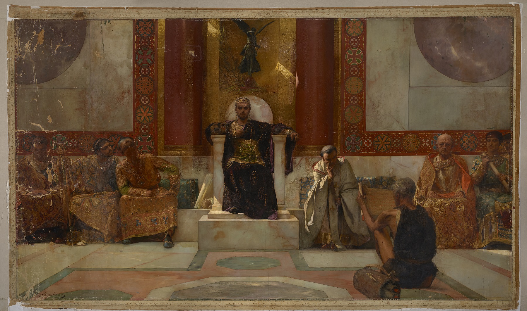Justinian and his counselors engaged in a discussion of religious texts