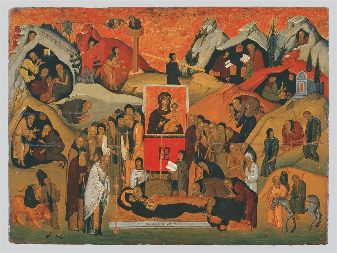 The Dormition of Saint Ephraim ΒΧΜ 01545 in Byzantine and Christian Museum, painted mid 1400s
