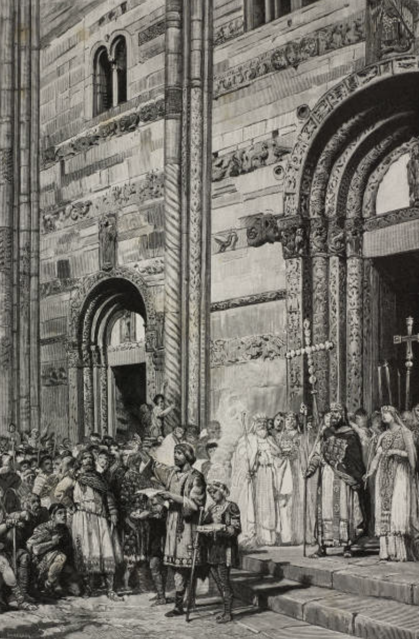 King Rotari promulgated Lombard law (edict) in front of Pavia cathedral