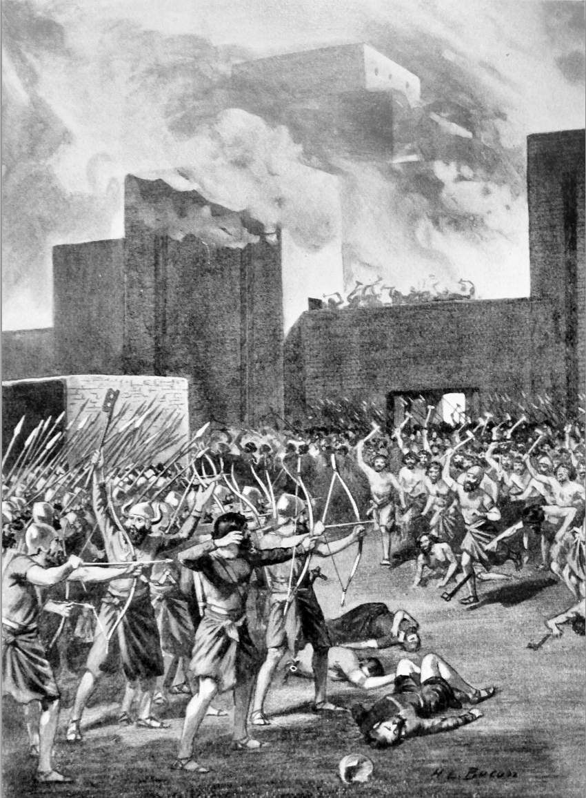 The Gutians capturing a Babylonian city, as Akkadians are making a stand outside their city