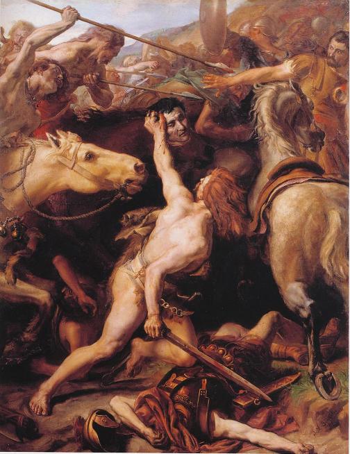 The Gaul Ducar beheads the Roman general Flaminius in the Battle of Lake Trasimeno
