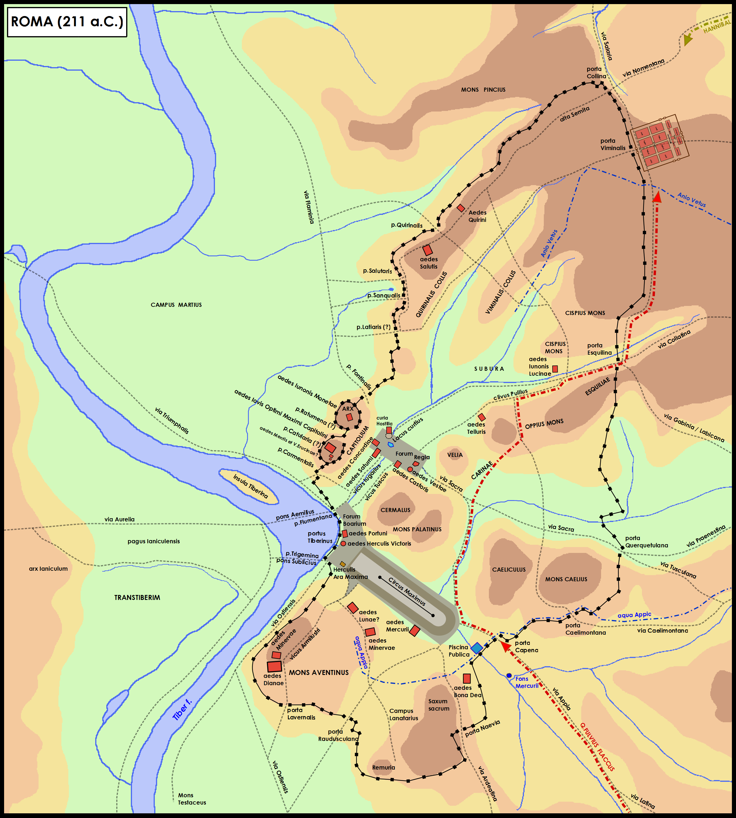 Hannibal's march on Rome. Fulvius Flaccus defends the city with an army arrived from Capua