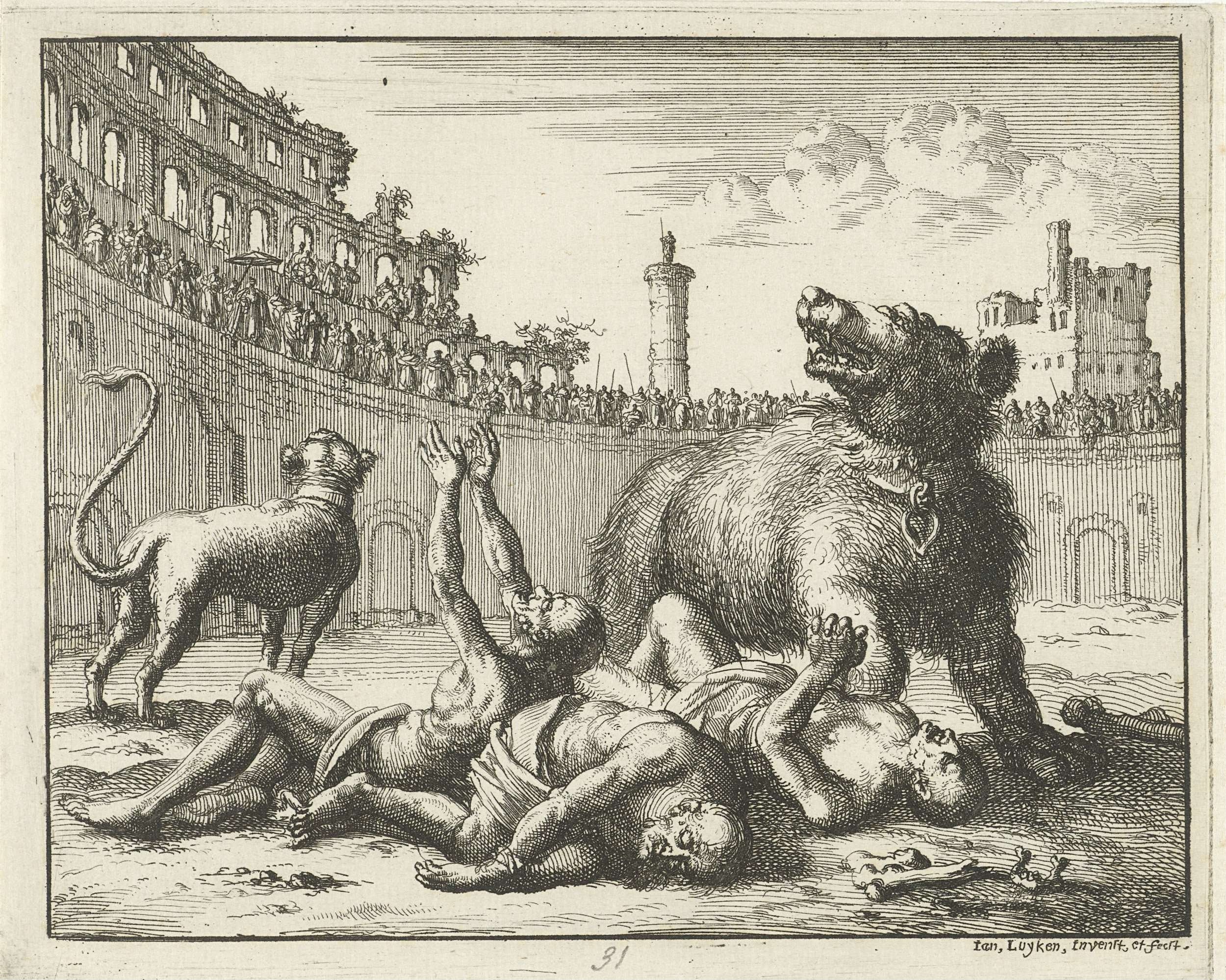 Taracus, Probus, and Andronicus spared by a bear in the arena