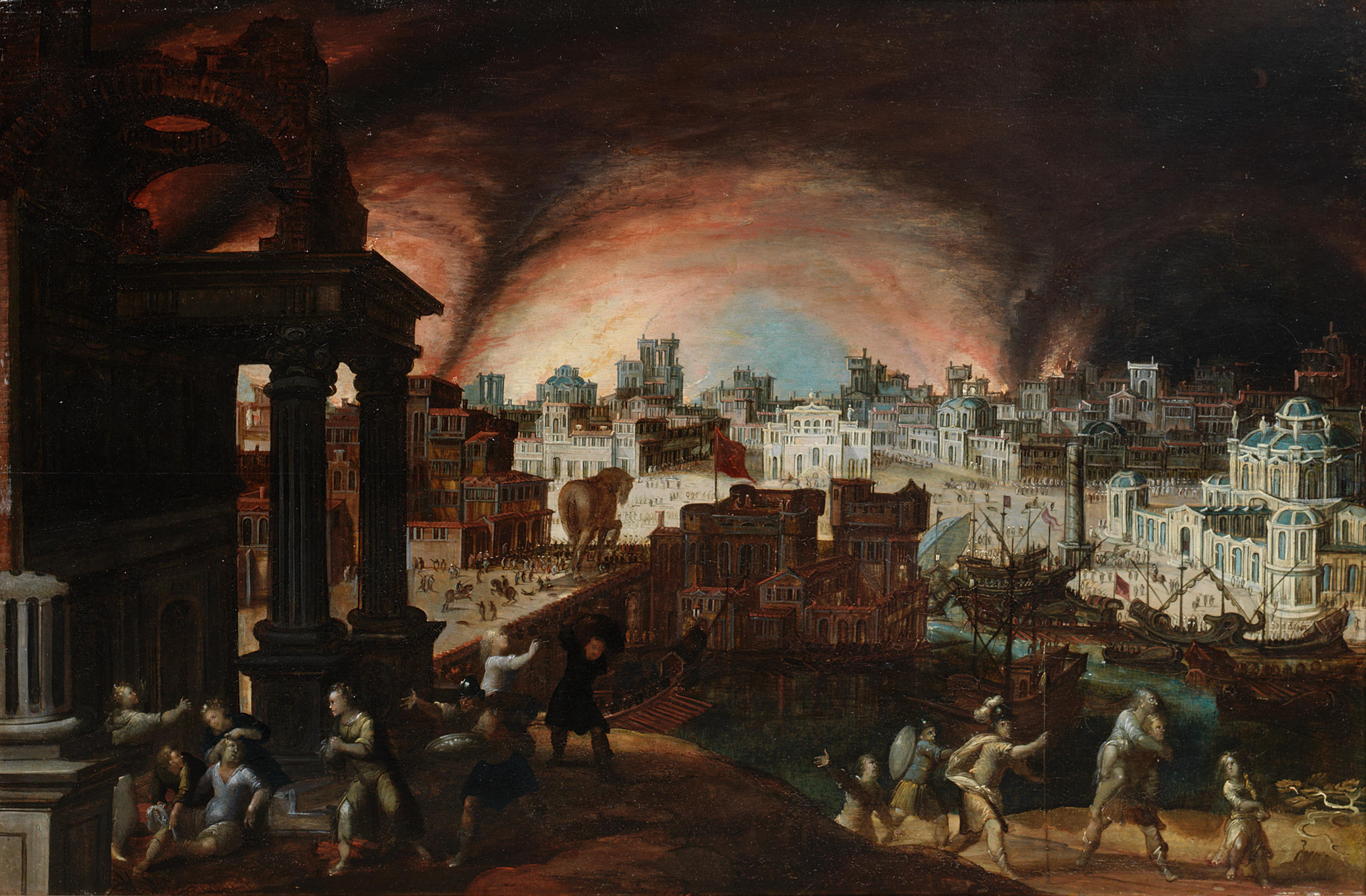 The Fall of Troy with Aeneas carrying Anchises from the burning city