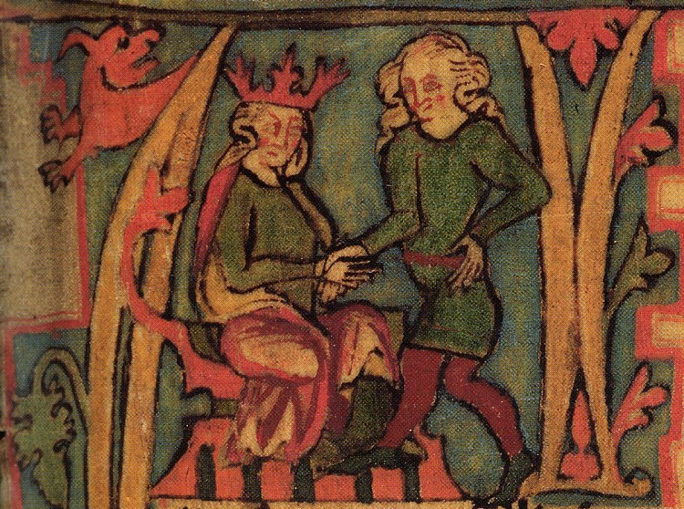 King Harald Fairhair (right) receiving the kingdom of Norway from his father, Halfdan the Black