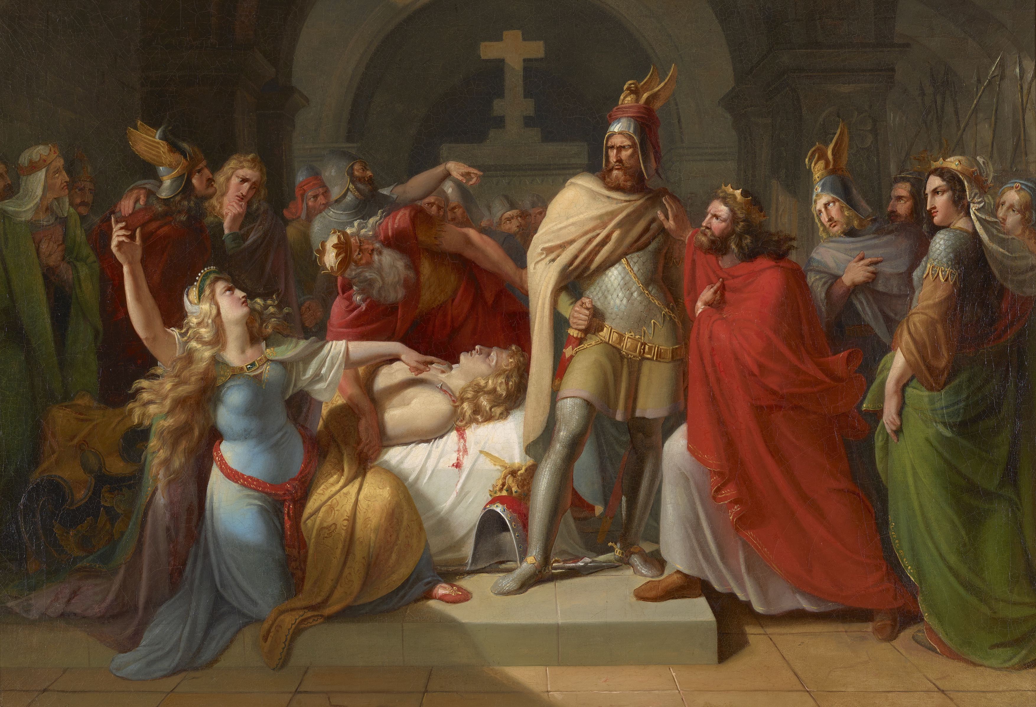 Kriemhild at Siegfried's corpse accuses Hagen as his murderer and swears revenge From the German Poem Nibelungenlied
