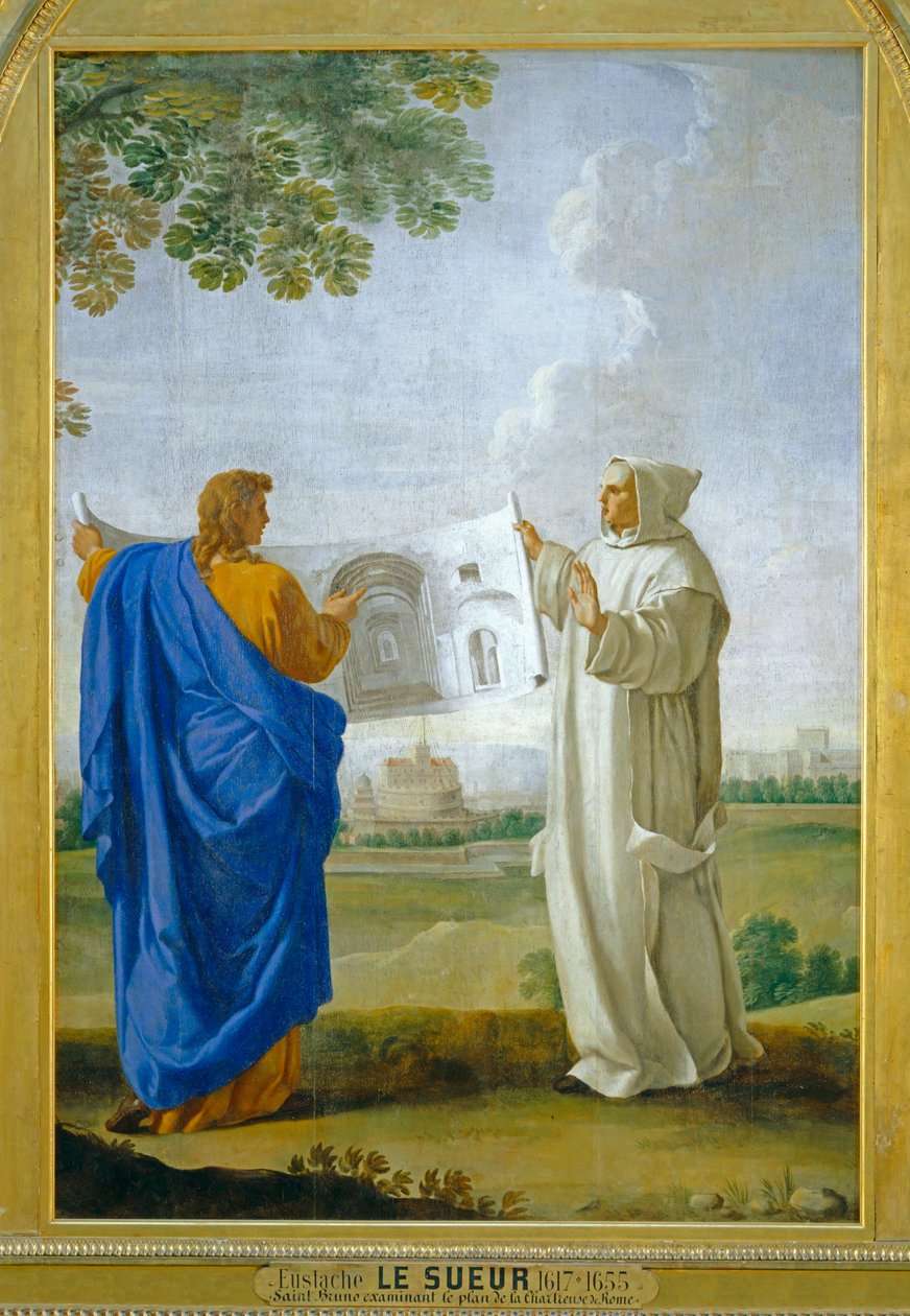 Saint Bruno examining a drawing of the thermal baths of Diocletian, future site of the charterhouse of Rome Eustache (studio of) Le Sueur