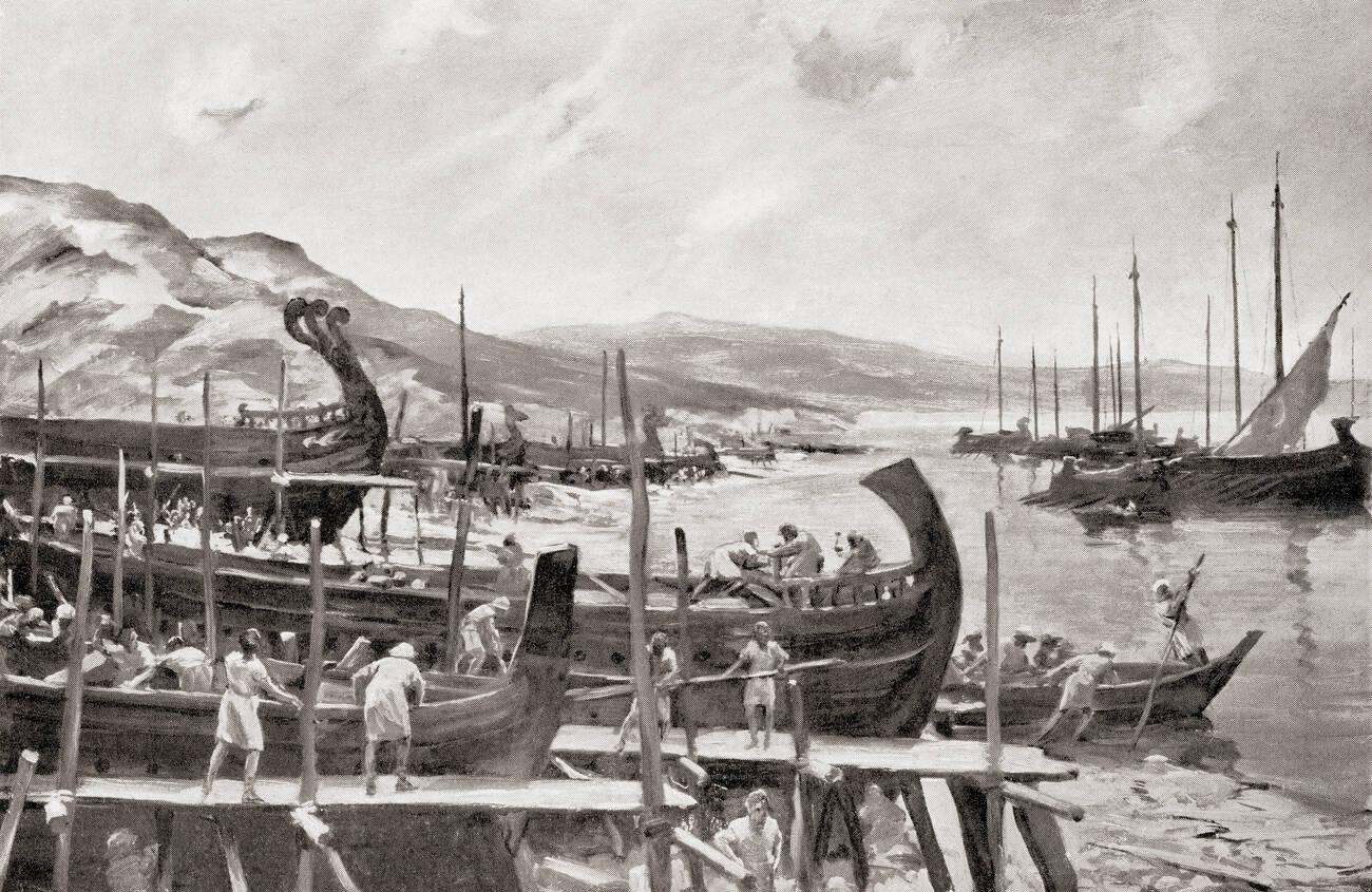 Workers building a fleet of ships in ancient Rome