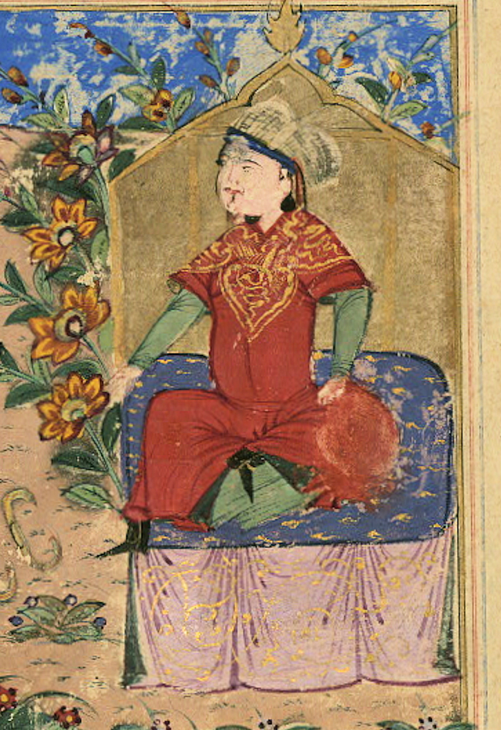 Ughūz Khān receives a messenger from Damascus with a load of bows W676, Majma' al-tawarikh (circa 1425) Miniature