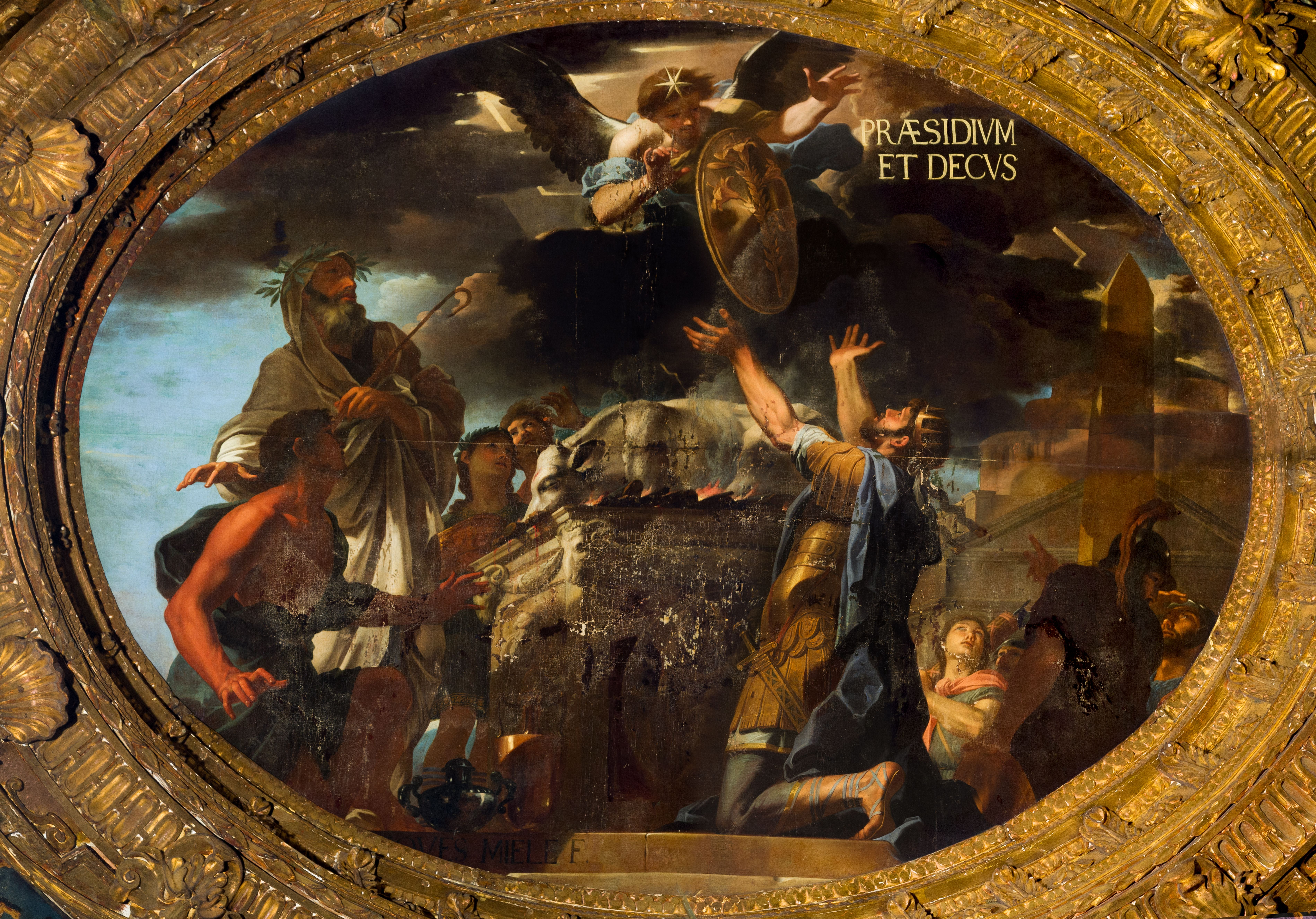 King Clovis of France receiving from an angel descended from heaven the shield bearing the fleur-de-lis insignia