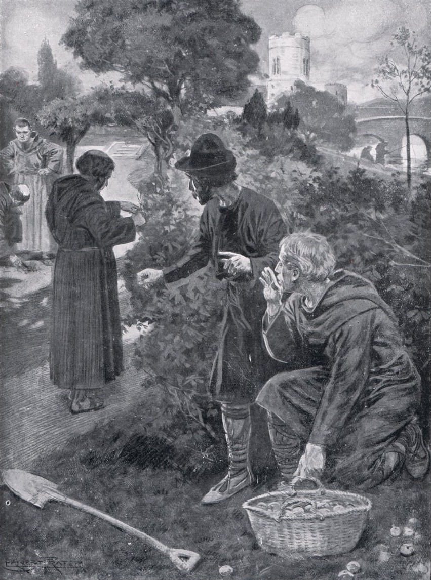 The two de Laceys as gardeners in a monastery