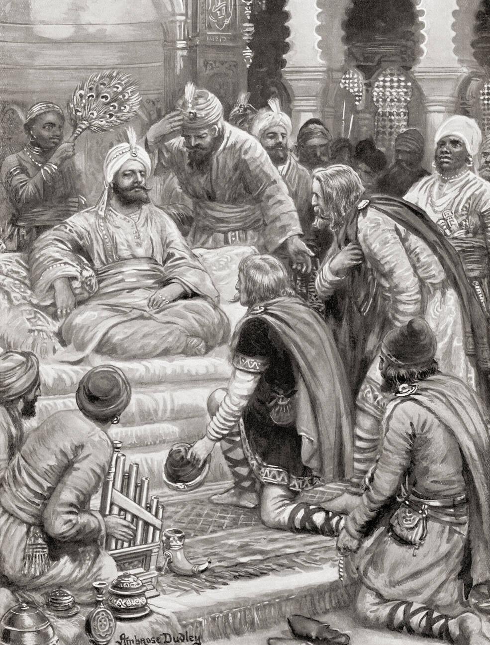 Harun al-Rashid receiving an embassy from Charlemagne wishing to obtain facilities for trade and pilgrimage in the Holy Land