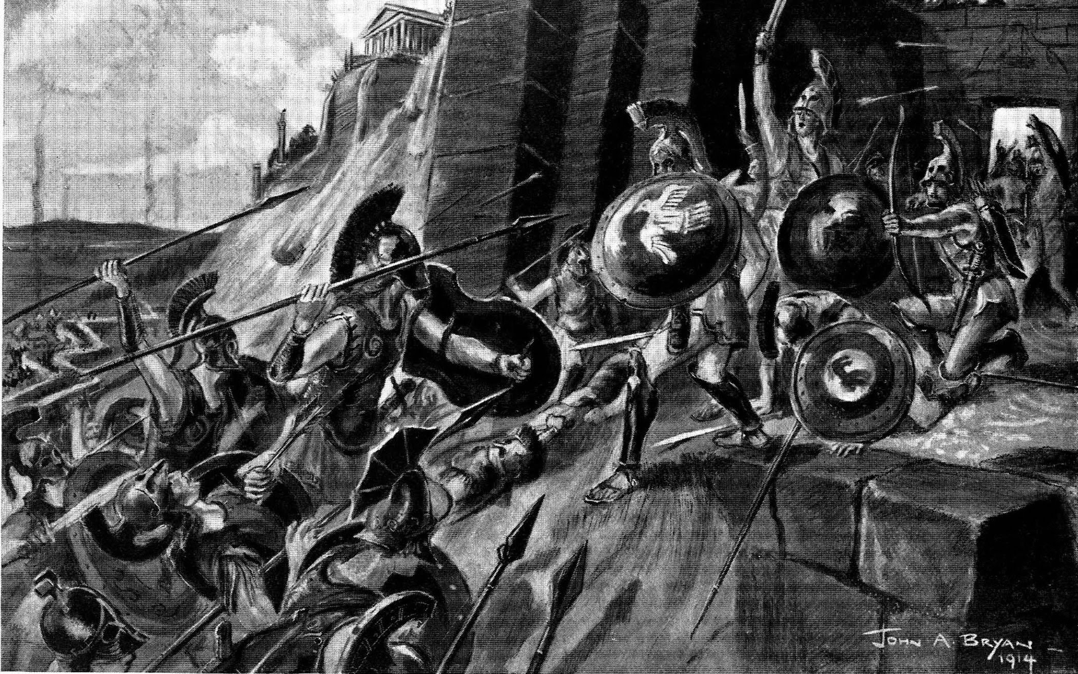 Spartans capturing stronghold of Ithome, after 10-year siege during the Third Messenian War