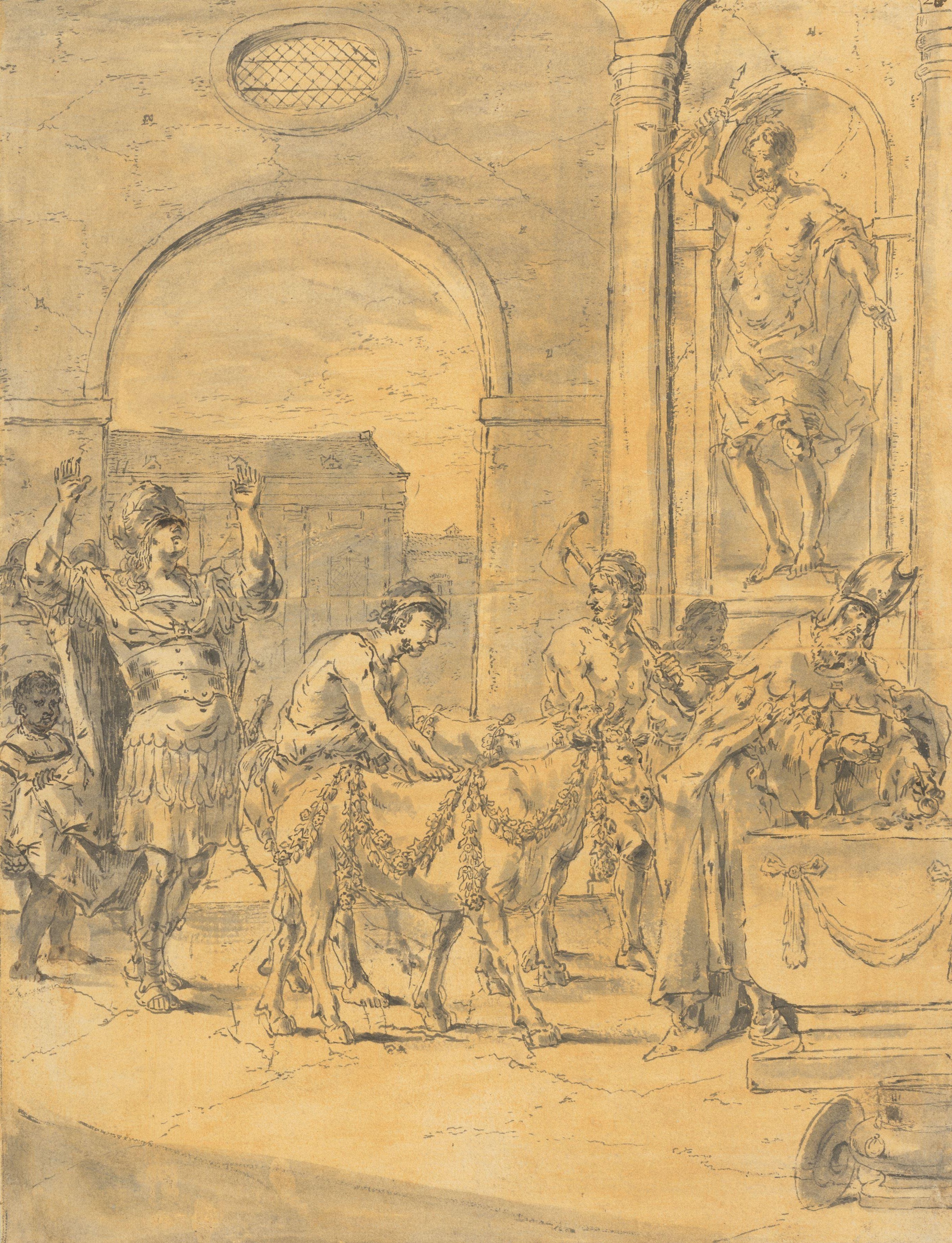 Alexander the Great offers two white bulls, depicted in the center, in the temple of Jupiter