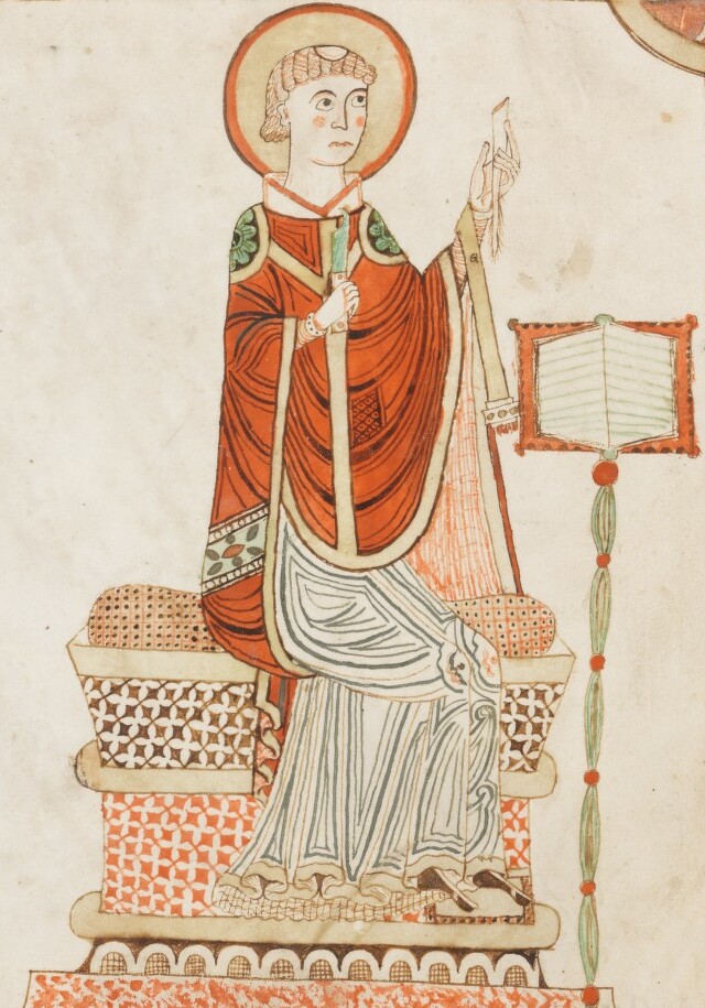 Venerable Bede in an illustrated manuscript, writing his Ecclesiastical History of the English People