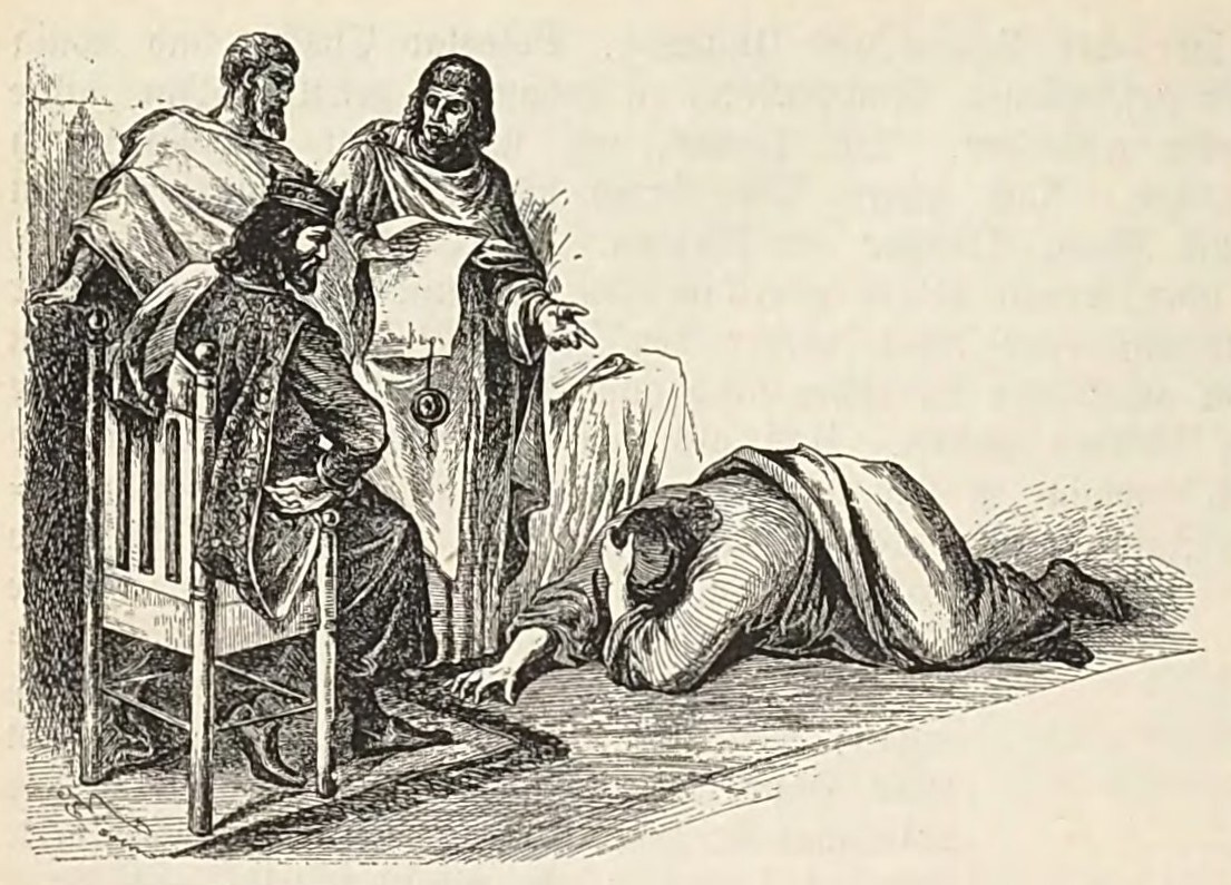 Bretislaus I dressed in penitential attire threw himself at the king's feet in Regensburg