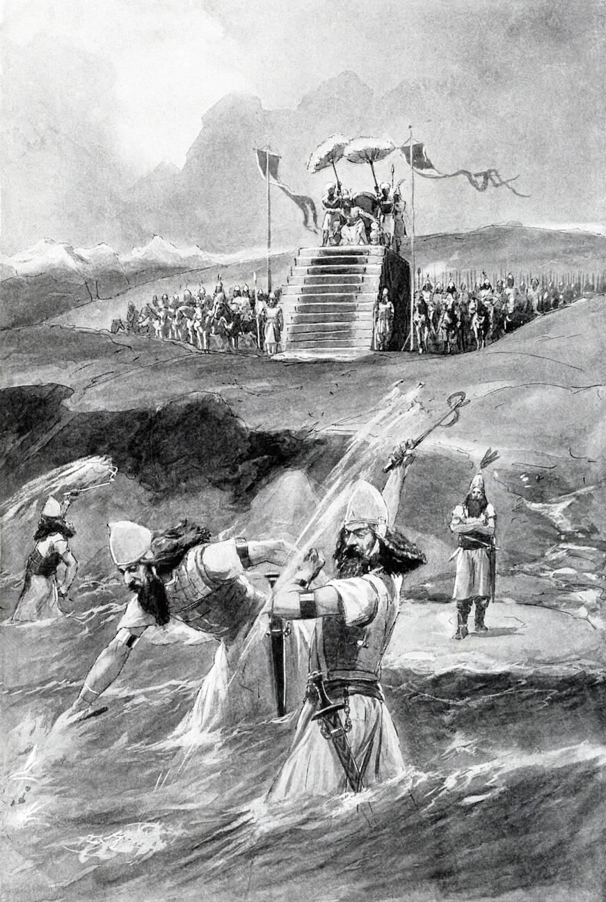 When a storm destroyed the bridge Xerxes of Persia had built across the Hellespont, he ordered his men to whip its waters