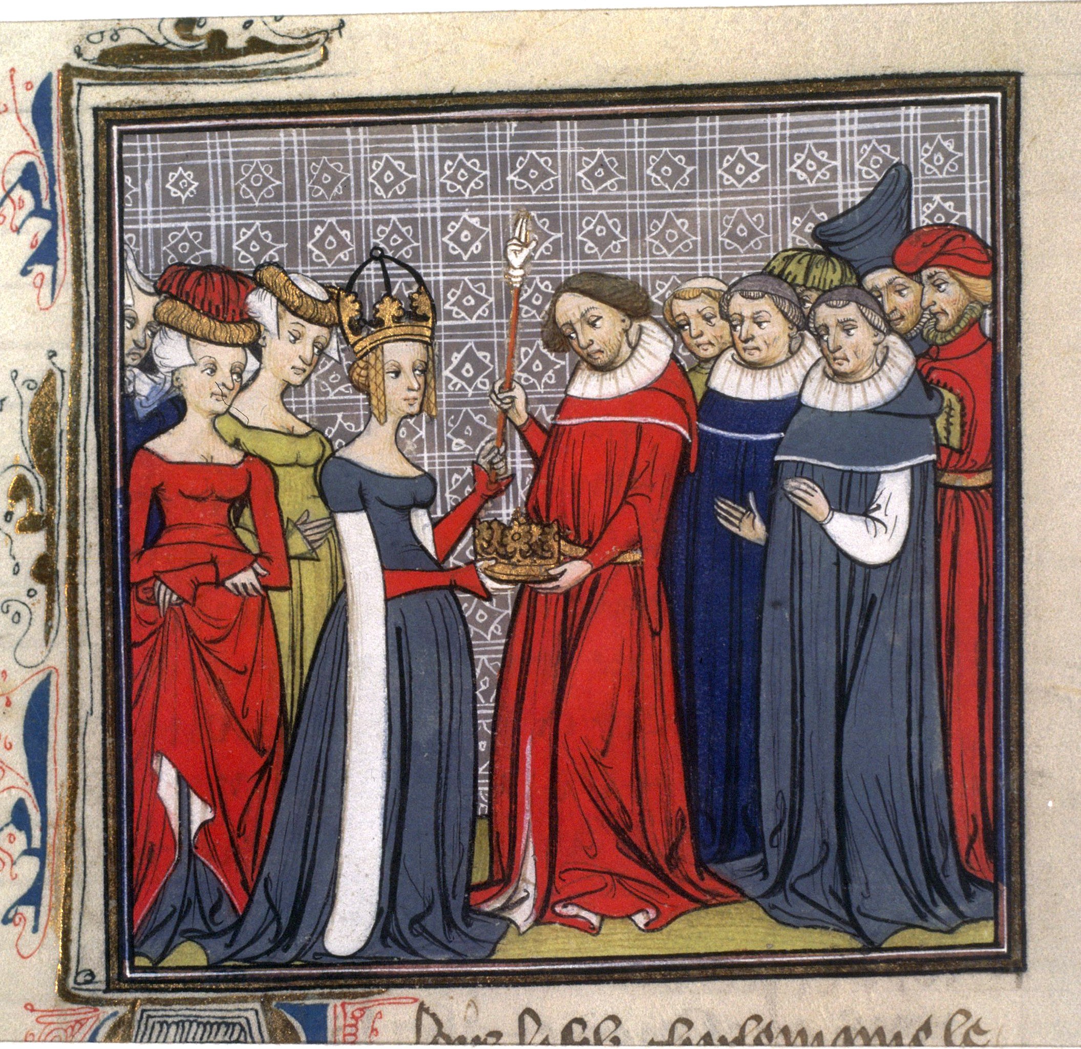 Louis the Stammerer receiving the Regalia from Richilda. from Grandes Chroniques de France