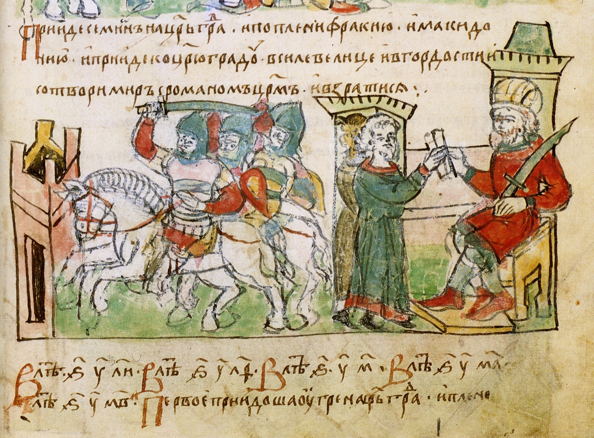 Byzantine Emperor Romanos I Lekapenos negociating with Simeon I of Bulgaria