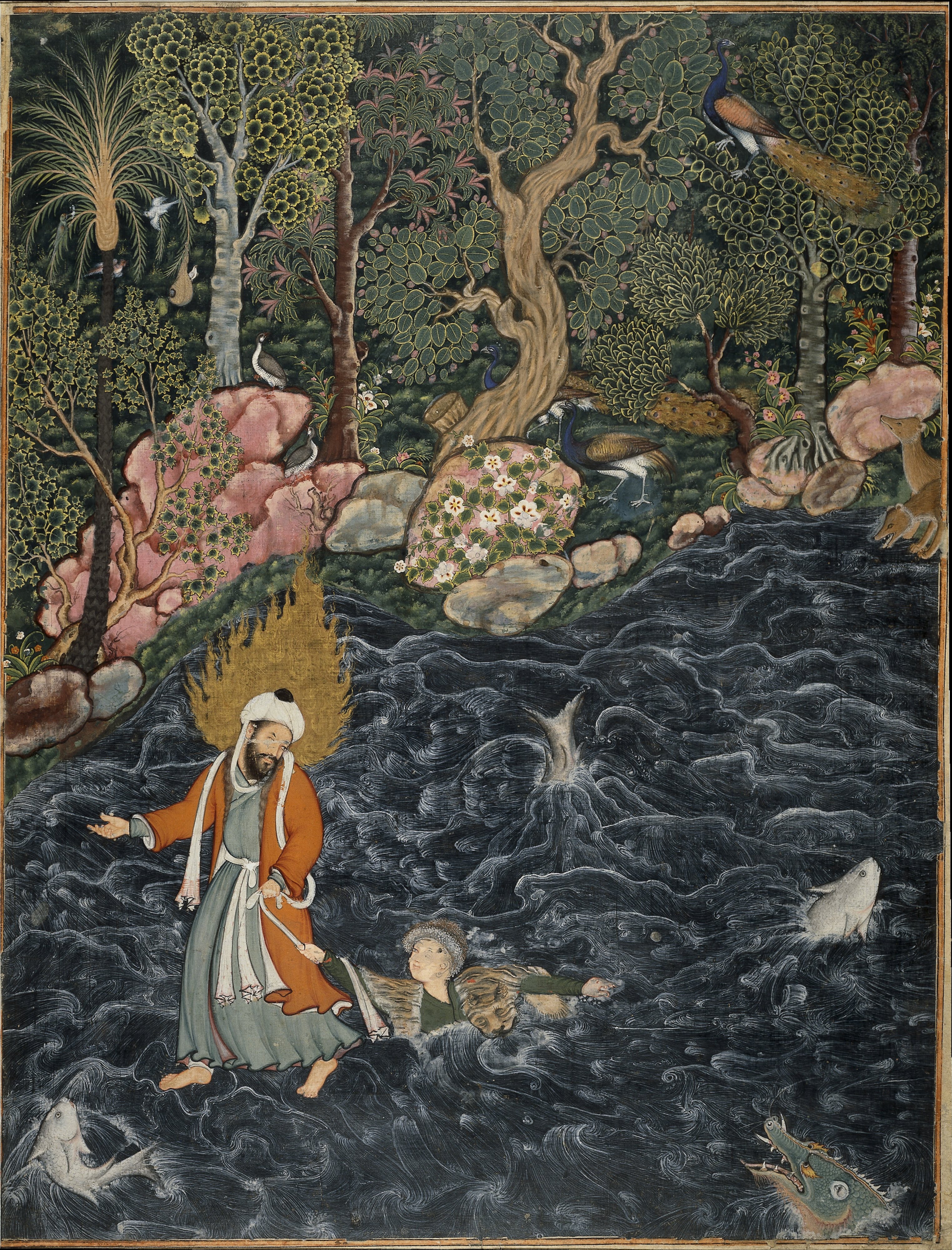 The prophet Elijah rescuing Hamzas nephew, Prince Nur ad-Dahr, a painting in gouache on cotton