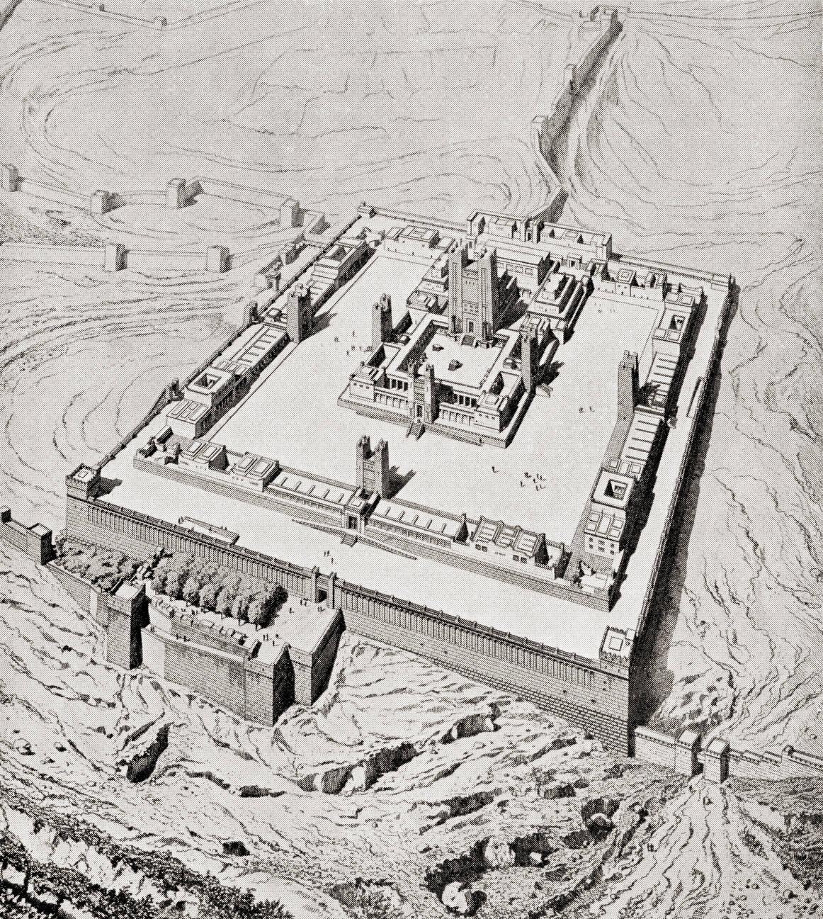 Artist's interpretation of Solomon's Temple, Jerusalem before its destruction by Nebuchadnezzar II after the Siege of Jerusalem of 587 BC