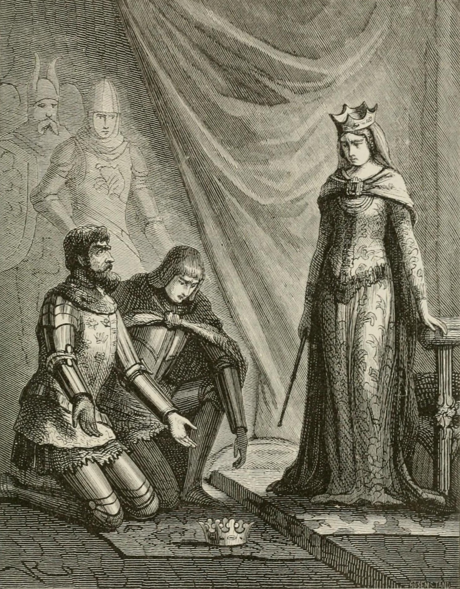 Alfred of Mecklenburg kneeing in front of Margaret of Denmark