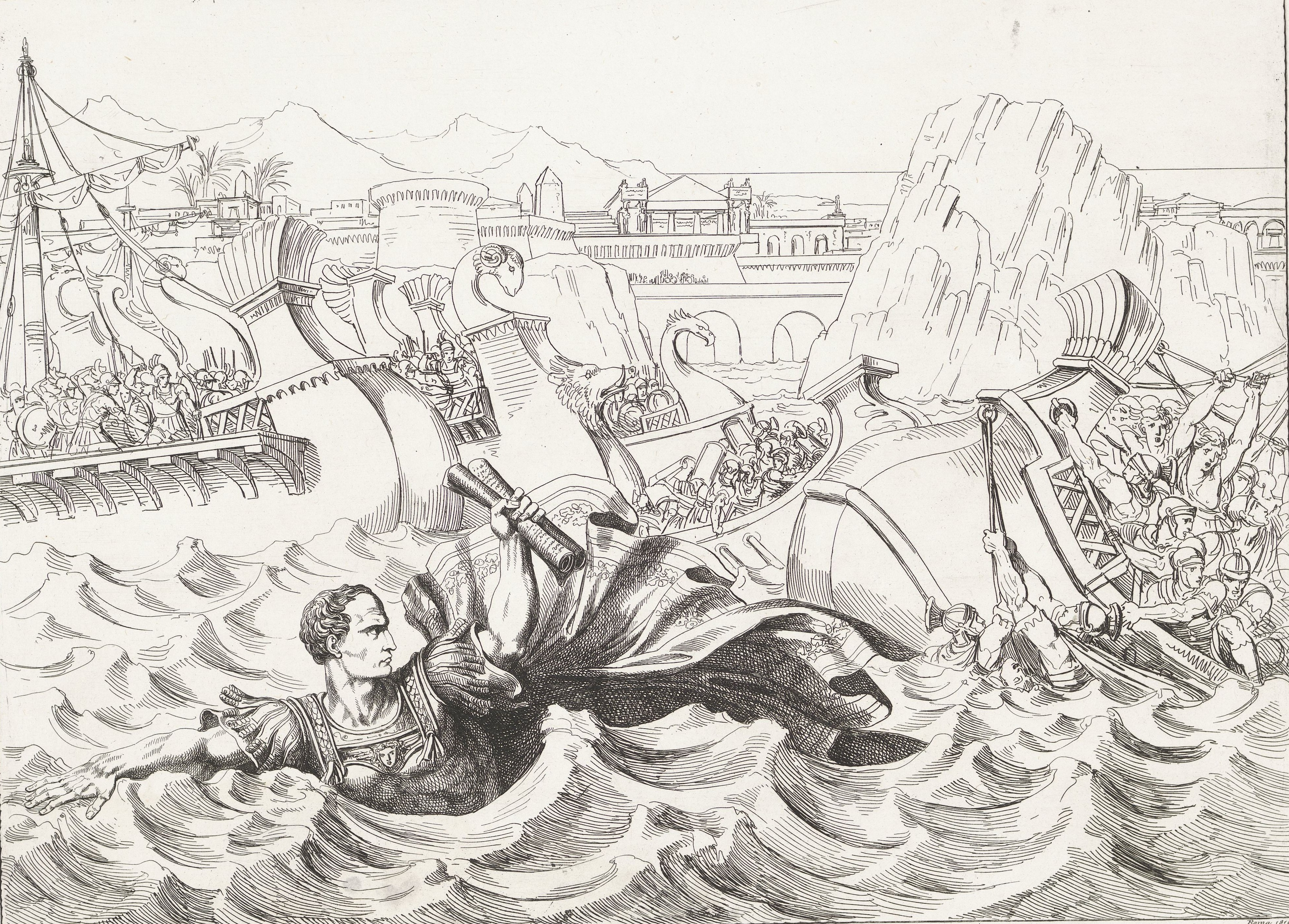 Julius Caesar swims with papyrus scrolls Cesare saves himself in Egypt