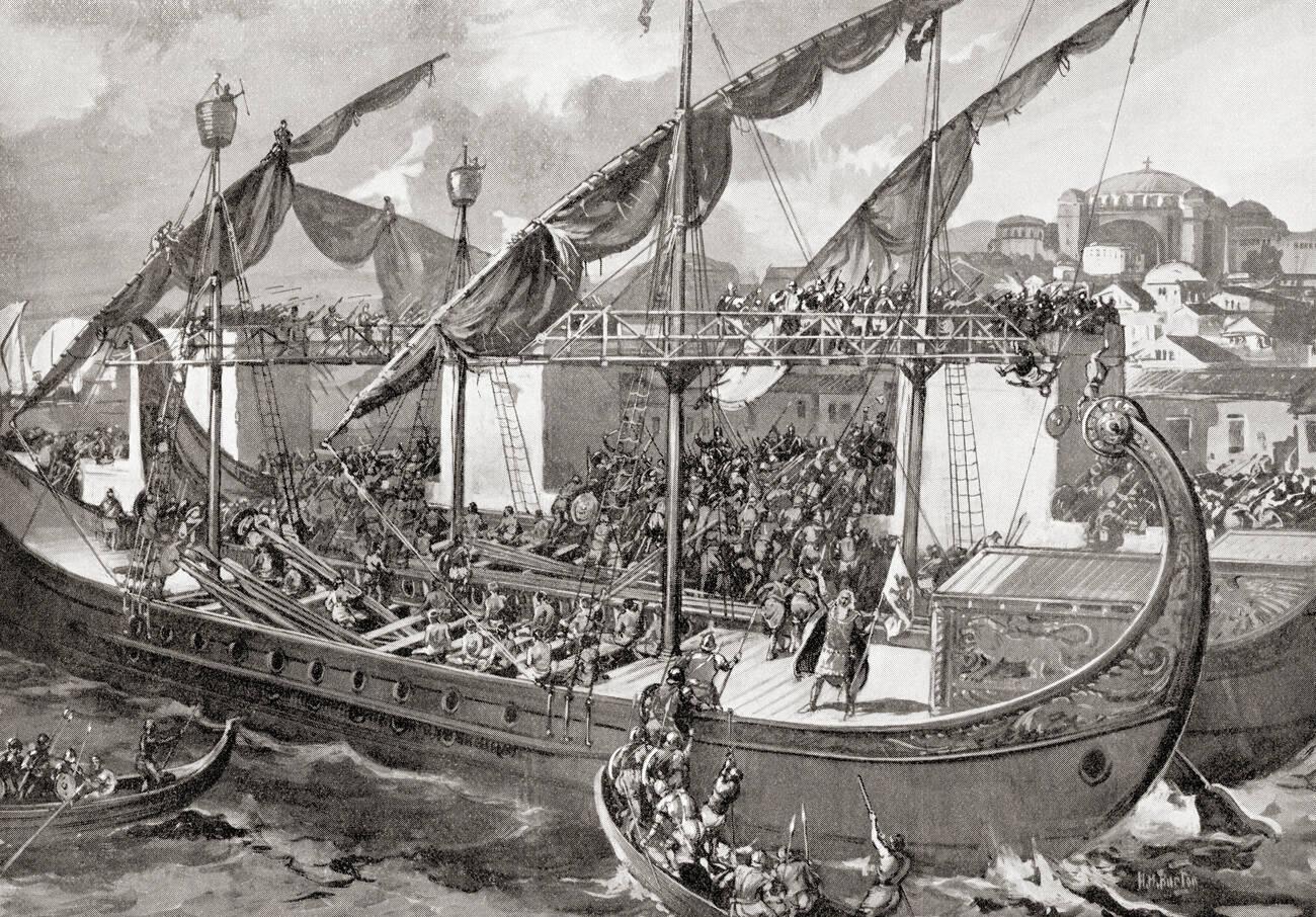 The storming of Constantinople by Venetians and crusaders during the Fourth Crusade
