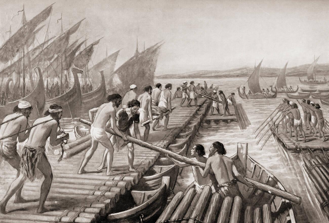 Phoenicians build pontoon bridges for Xerxes I of Persia during the second Persian invasion of Greece. Alfred C. Weatherstone